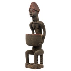 African 20th-Century Yoruba Carved Wood & Terracotta Seated Female Figure