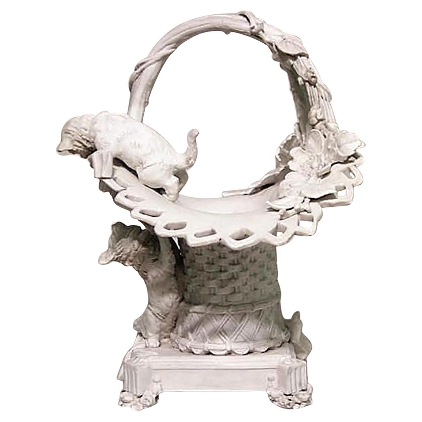 French Victorian Porcelain Cat and Basket Compote For Sale