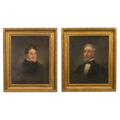 Coppia di ritratti a olio in stile vittoriano, con cornice dorata, d’epoca, 26x22 pollici