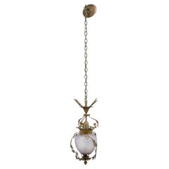 French Art Nouveau Brass Lantern Fixture, Frosted Glass Shade, 1950s