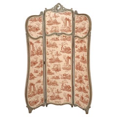French Louis XV Style 3-Fold Screen with Toile Upholstered Panels
