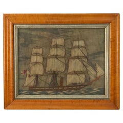 Victorian Embroidered Ship Tapestry, Maple Frame, 19th Century, UK