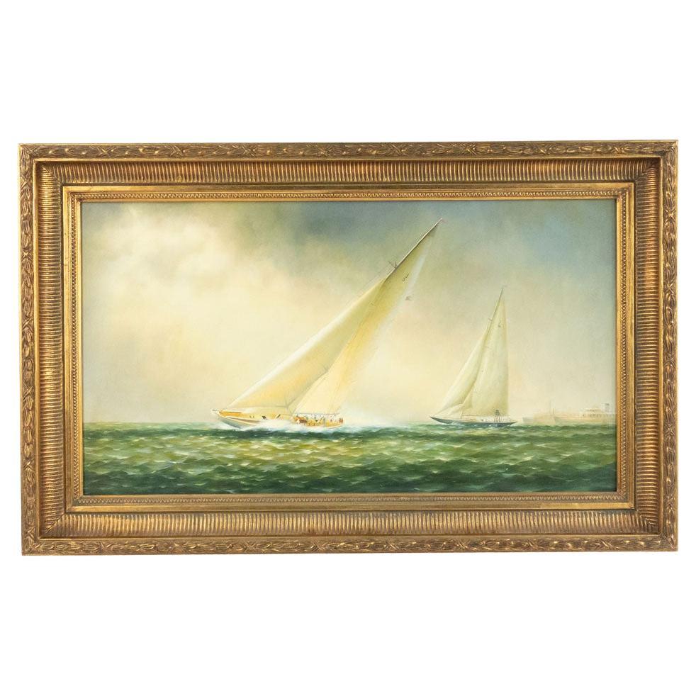 American Victorian Sailboat Painting, Oil on Canvas, 20th Century