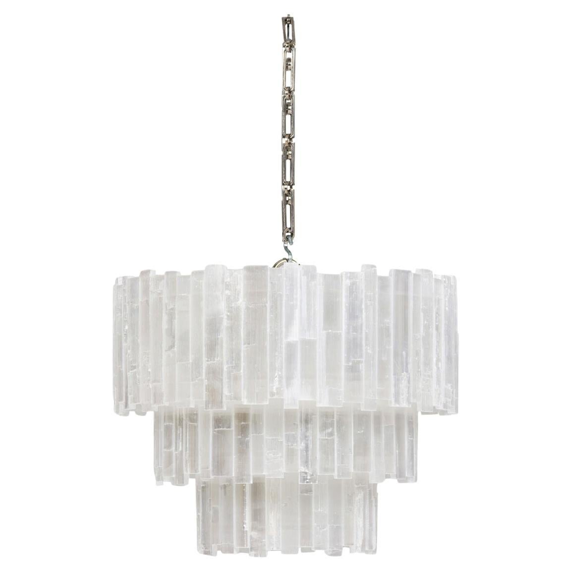 Ron Dier 3-Tier Selenite Chandelier, Chrome, Modern Design, USA