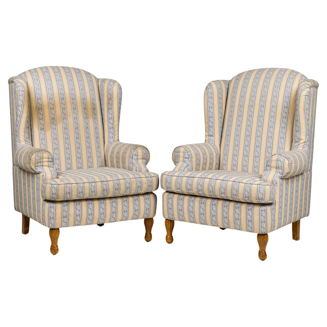 Pair of English Queen Anne Blue and Off-White striped WIng Back Chairs For Sale