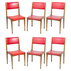 Set of 8 Mid-Century Walnut and Red Vinyl Dining / Side Chairs