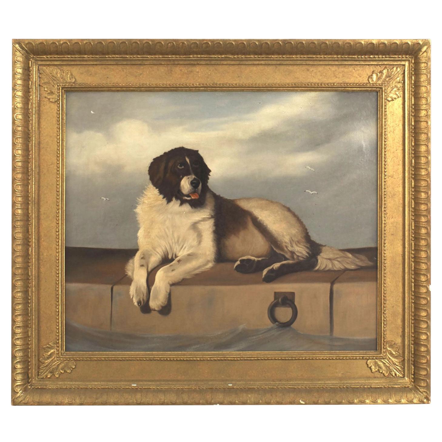Ölgemälde eines liegenden Hundes, britischer Kolonialstil, vergoldeter Rahmen, 19. Jahrhundert