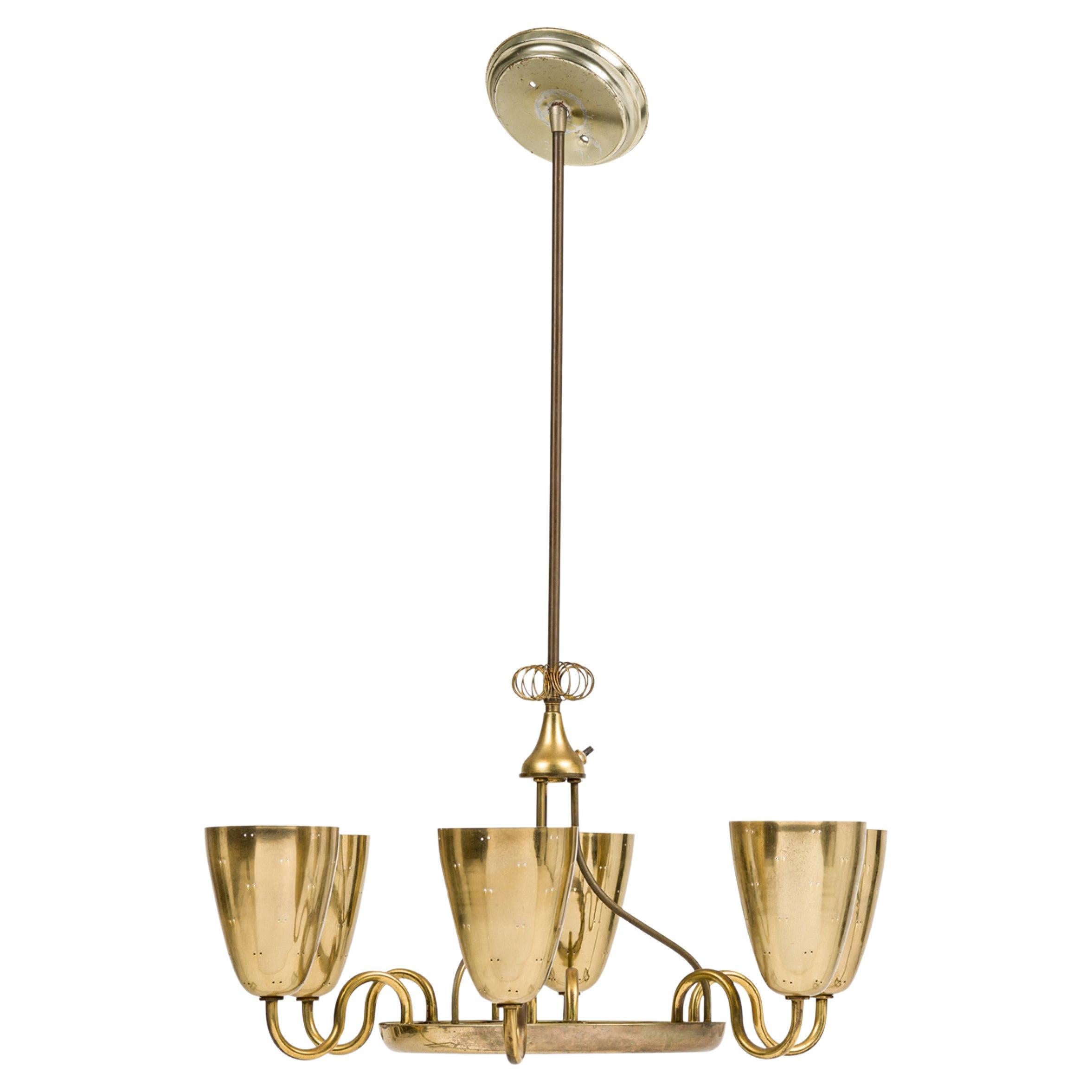 Mid-Century 6-Arm Chandelier, Paavo Tynell, Polished Brass, Vintage