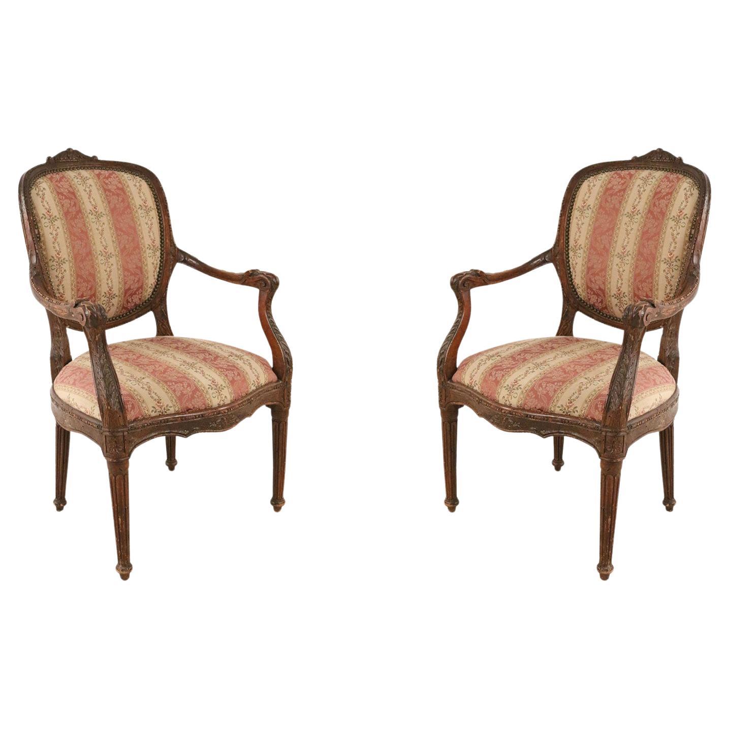 Pair of French Louis XVI Beige and Pink Stripe Upholstered Armchairs For Sale