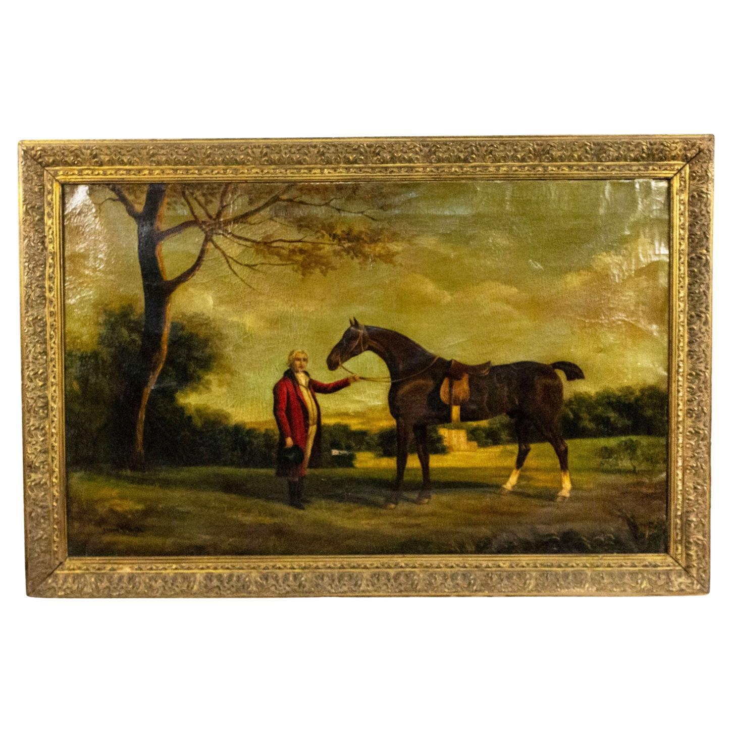 English Victorian Oil Painting of Man and Horse, 19th Century, Signed
