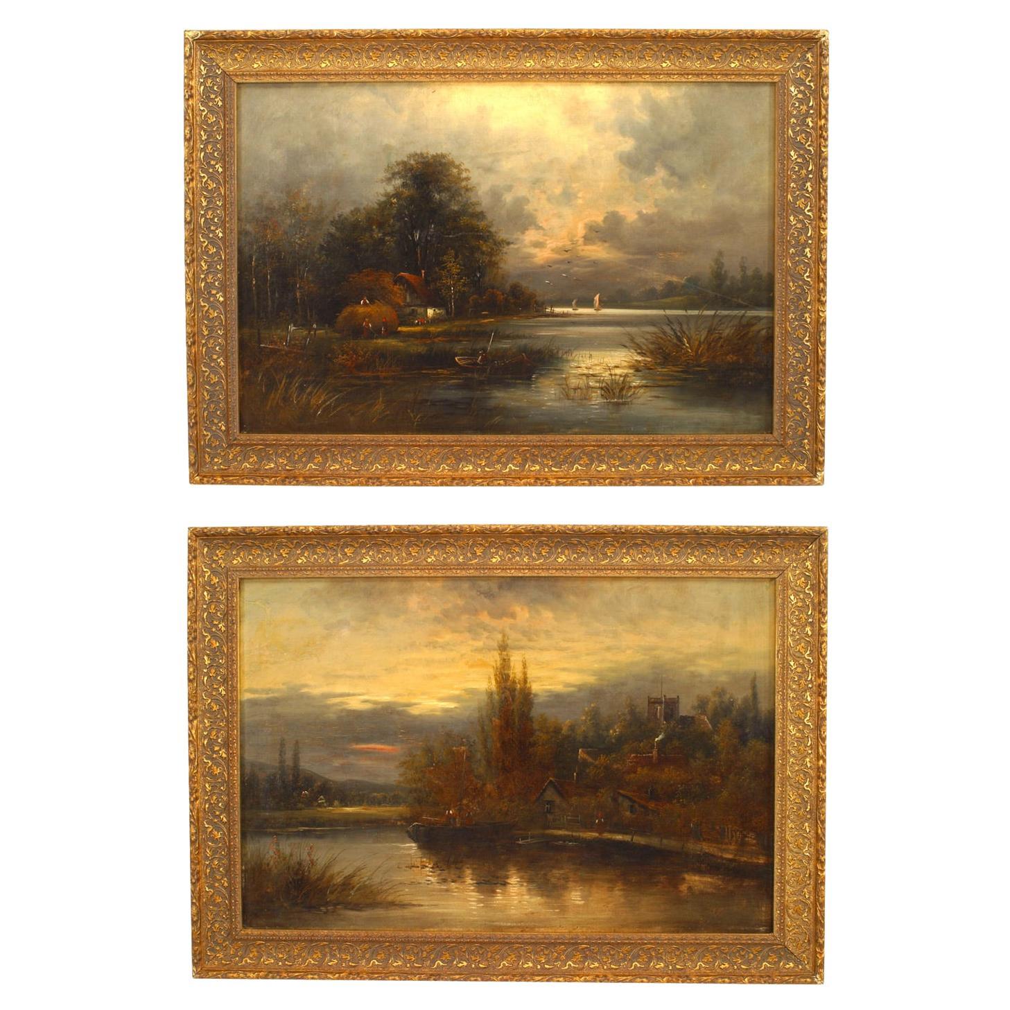 Pair of English Victorian Oil Paintings, Gilt Framed Landscapes
