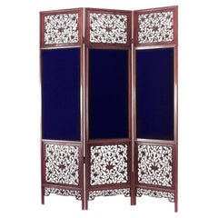 Chinese Teak 3-Fold Screen with Carved Filigree and Velvet Upholstery