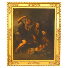 Renaissance Oil Painting of Boys and Dog, 19th Century, Framed