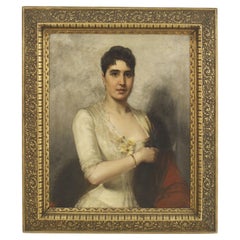 19th Century Spanish Lady in White Portrait, Victorian Oil Painting