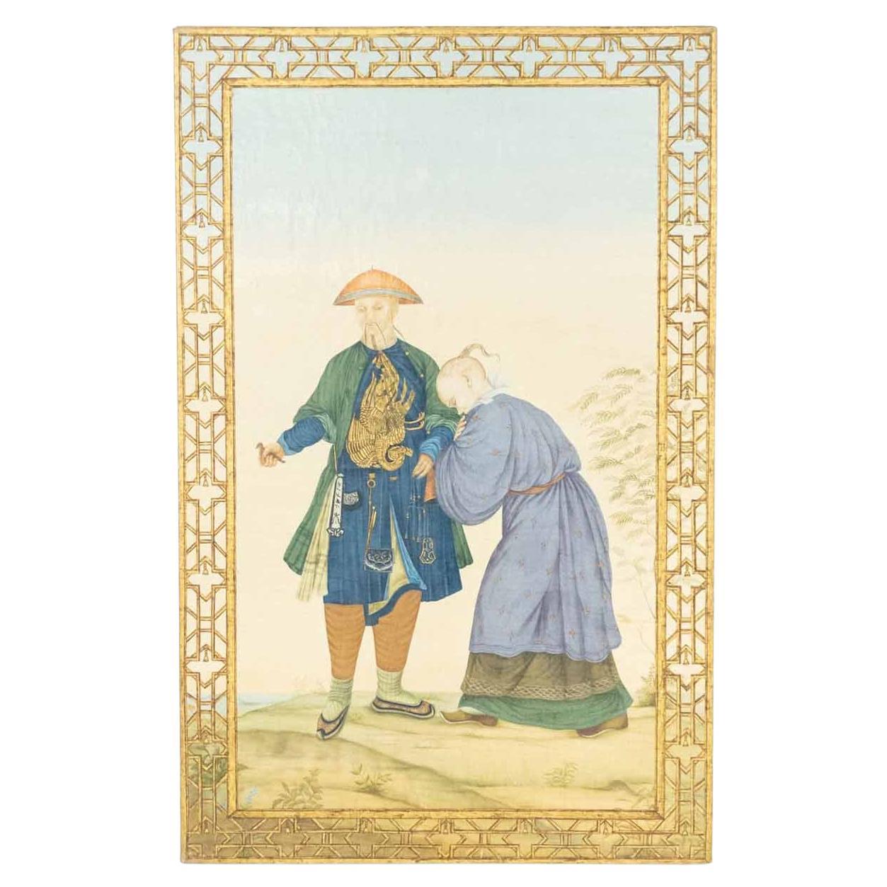Gerahmtes Porträt mit chinesischer Chinoiserie-Szene aus dem 20. Jahrhundert, Öl auf Leinwand im Angebot