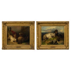 Pair of English Victorian Oil Paintings of Dogs, Gilt Frames, Repairs