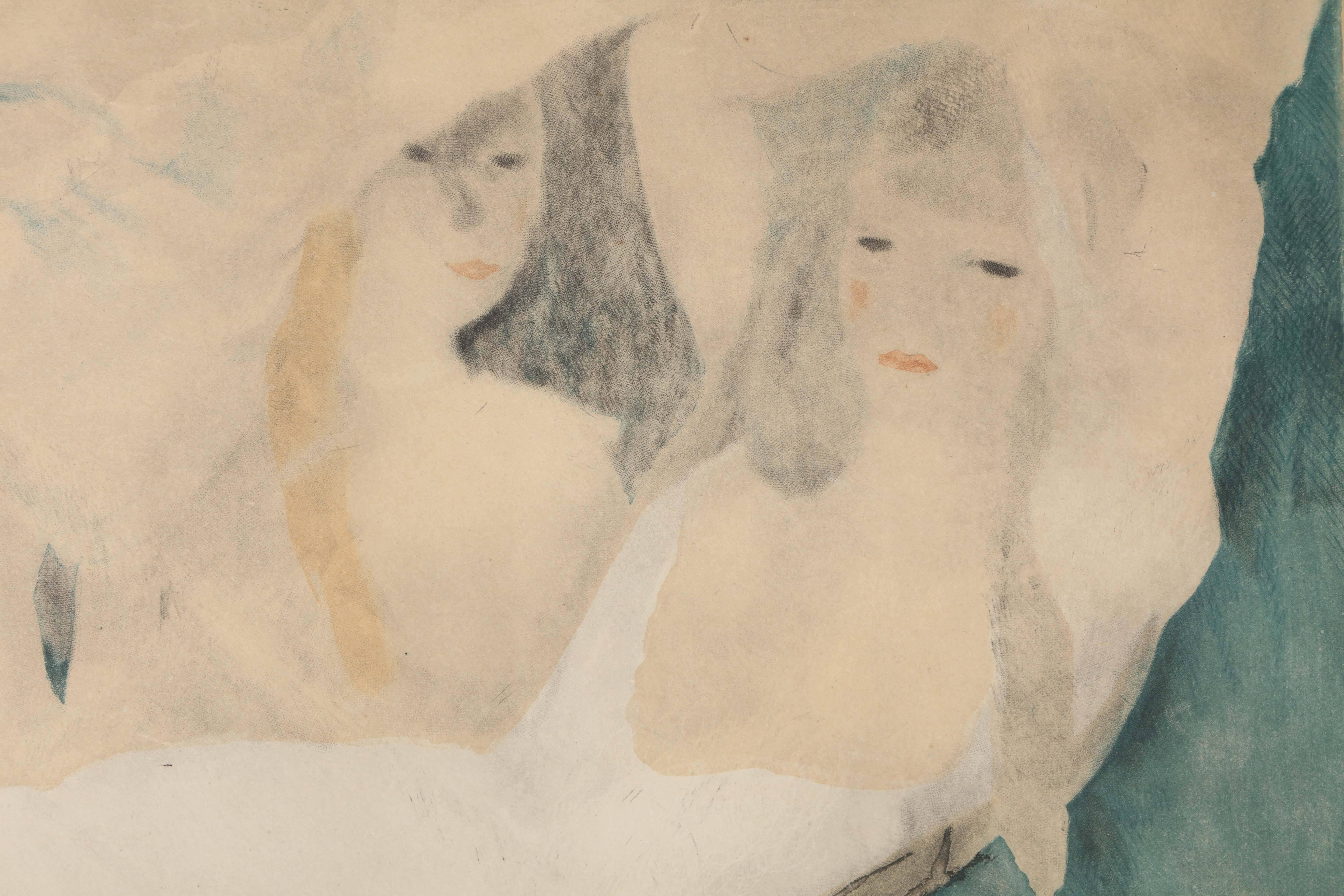 An original aquatint in colors on wove paper. Jacques Villon after Marie Laurencin signed in pencil by Laurencin 1924 small tear upper right. Note this print is trimmed and light struck. 

