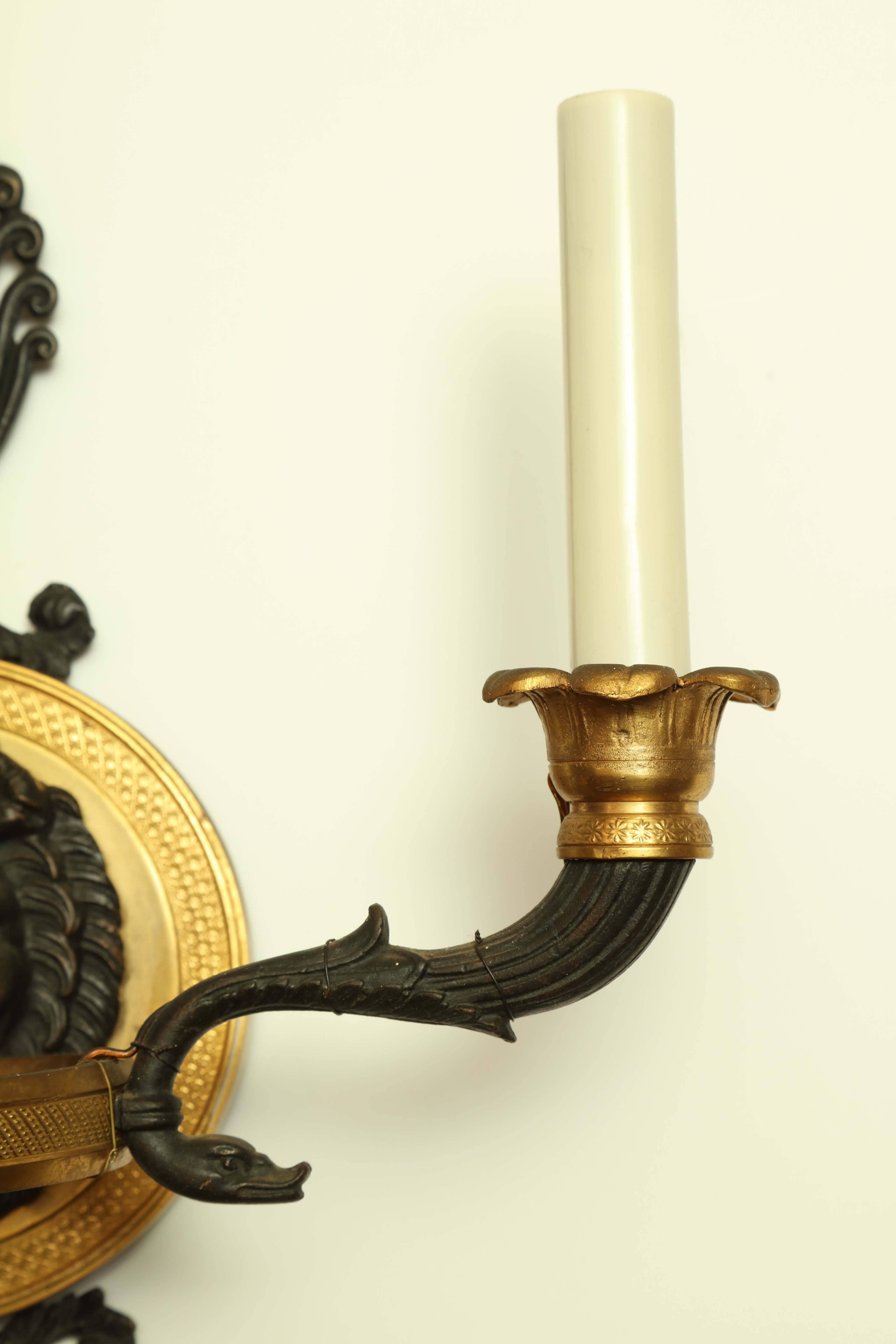 French Pair of Empire Bronze Lion Head Sconces