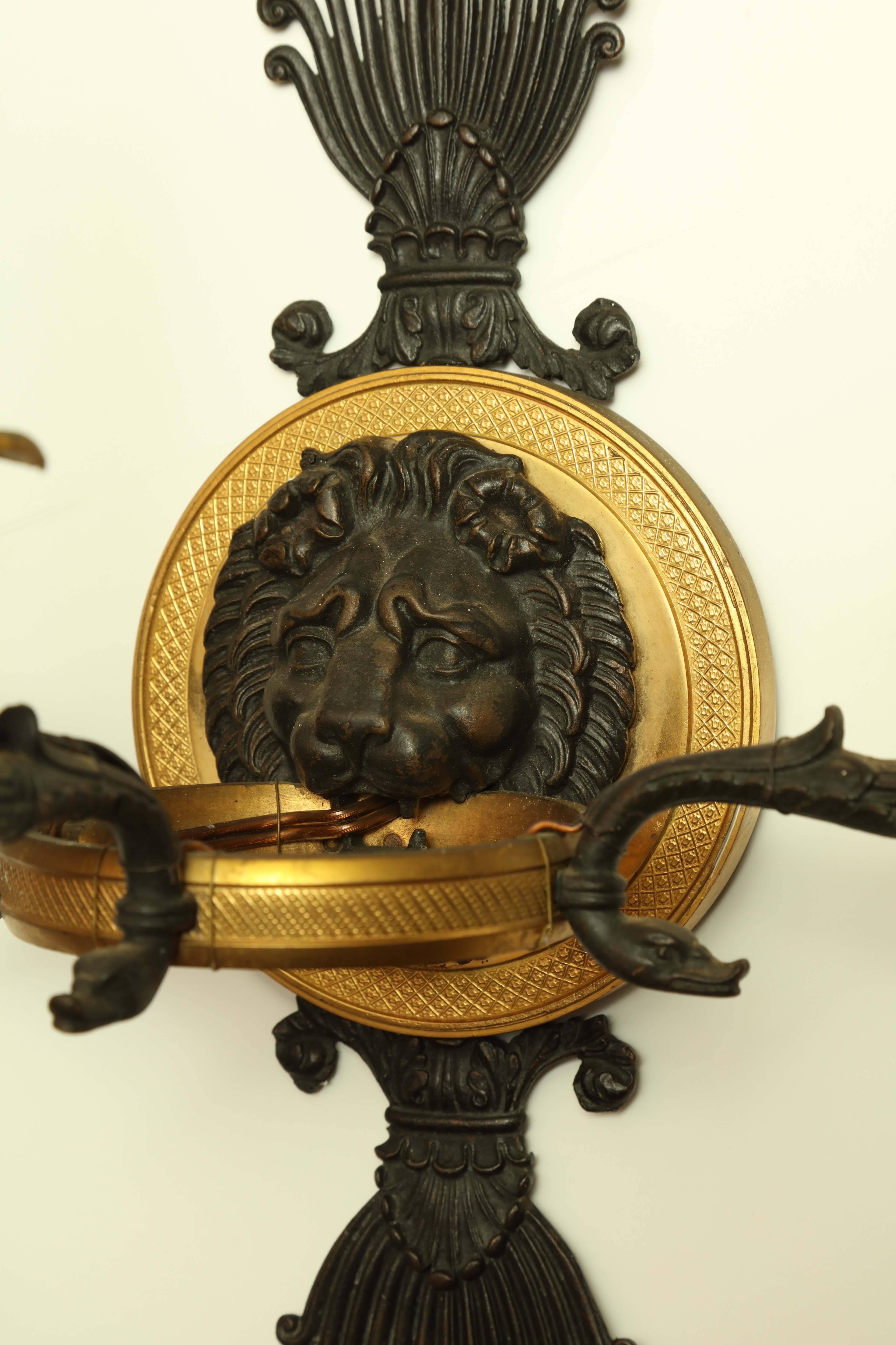 Pair of Empire Bronze Lion Head Sconces In Excellent Condition In Westwood, NJ