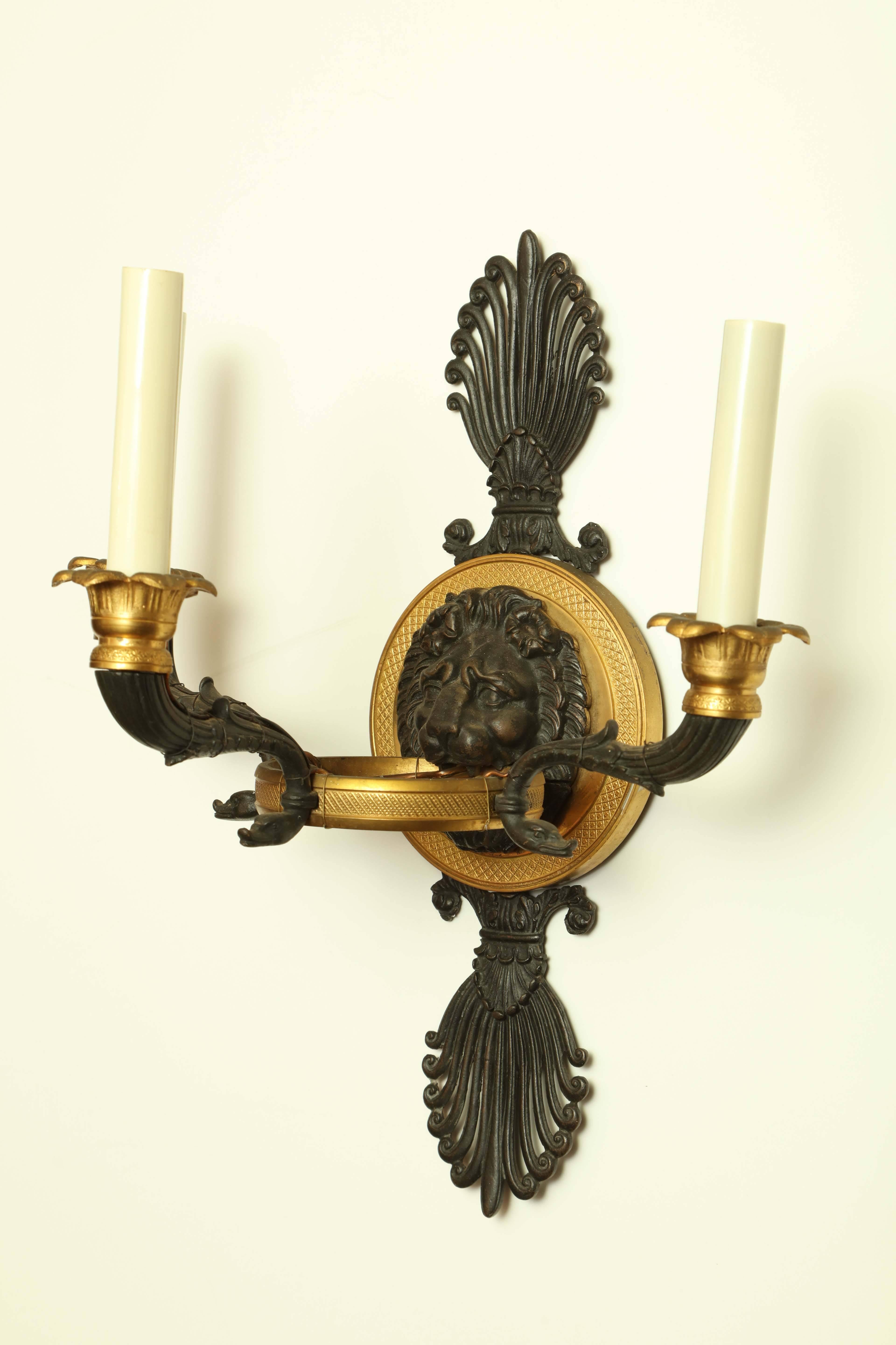 19th Century Pair of Empire Bronze Lion Head Sconces