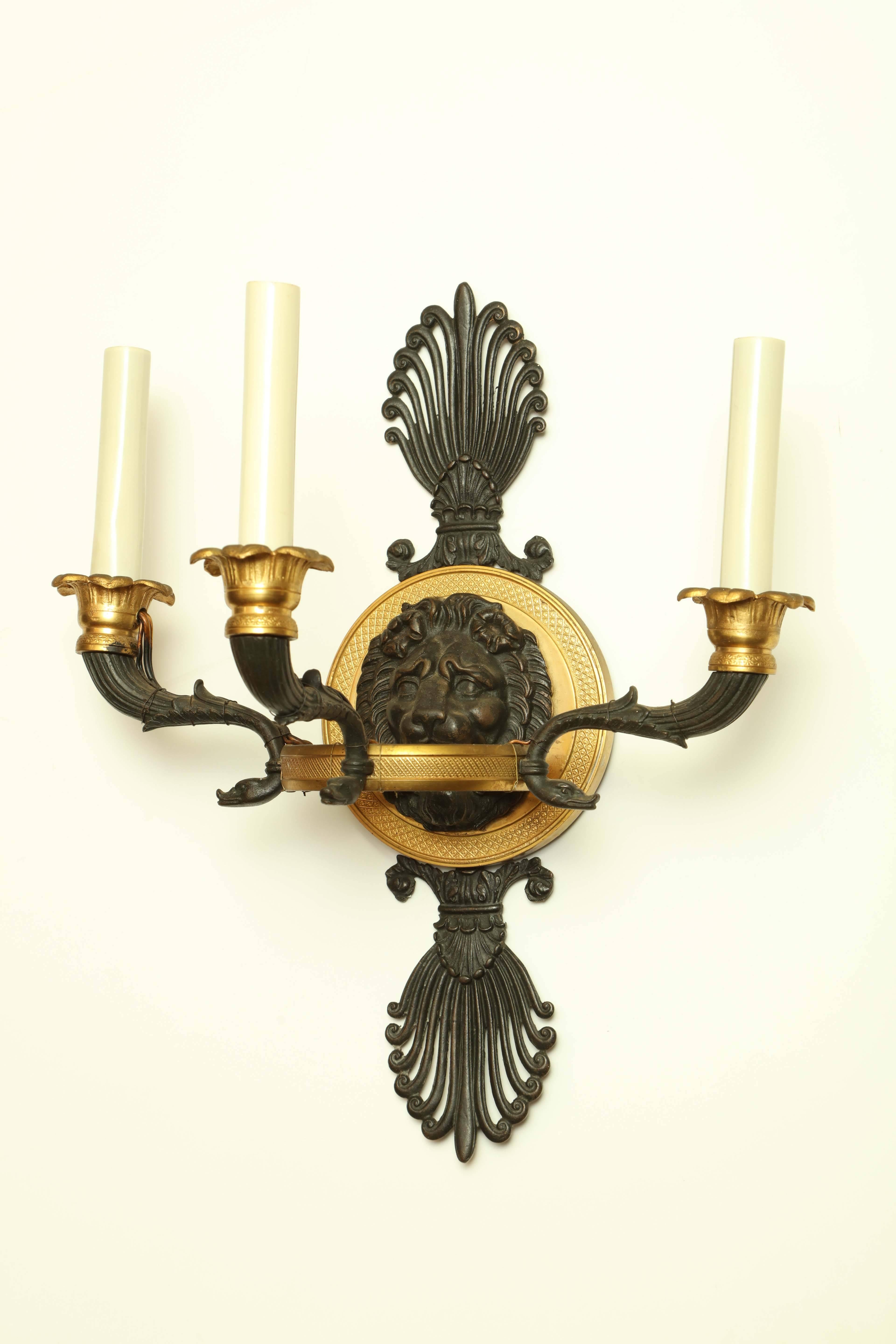 Pair of Empire Bronze Lion Head Sconces 1