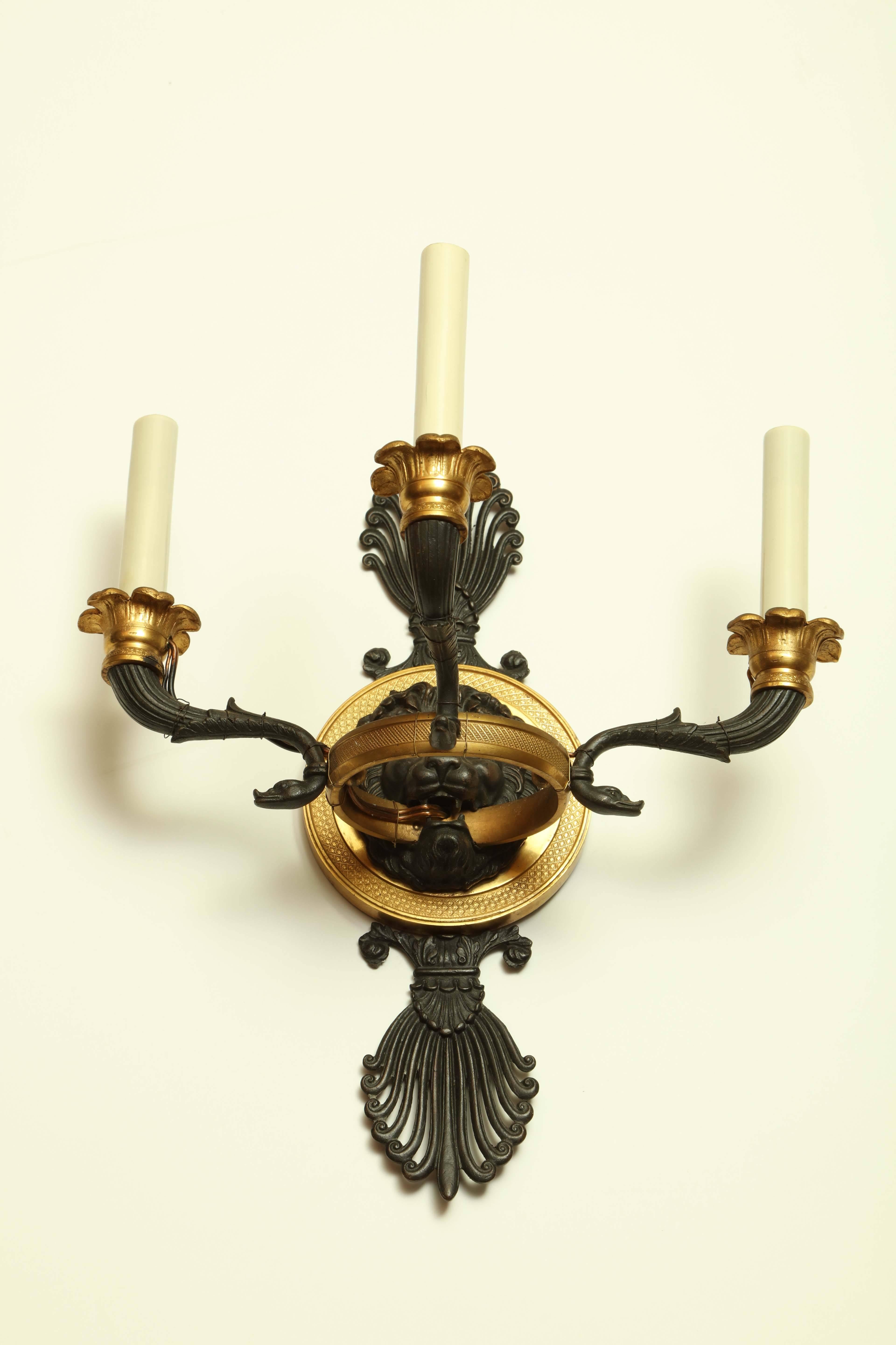 Pair of Empire Bronze Lion Head Sconces 2