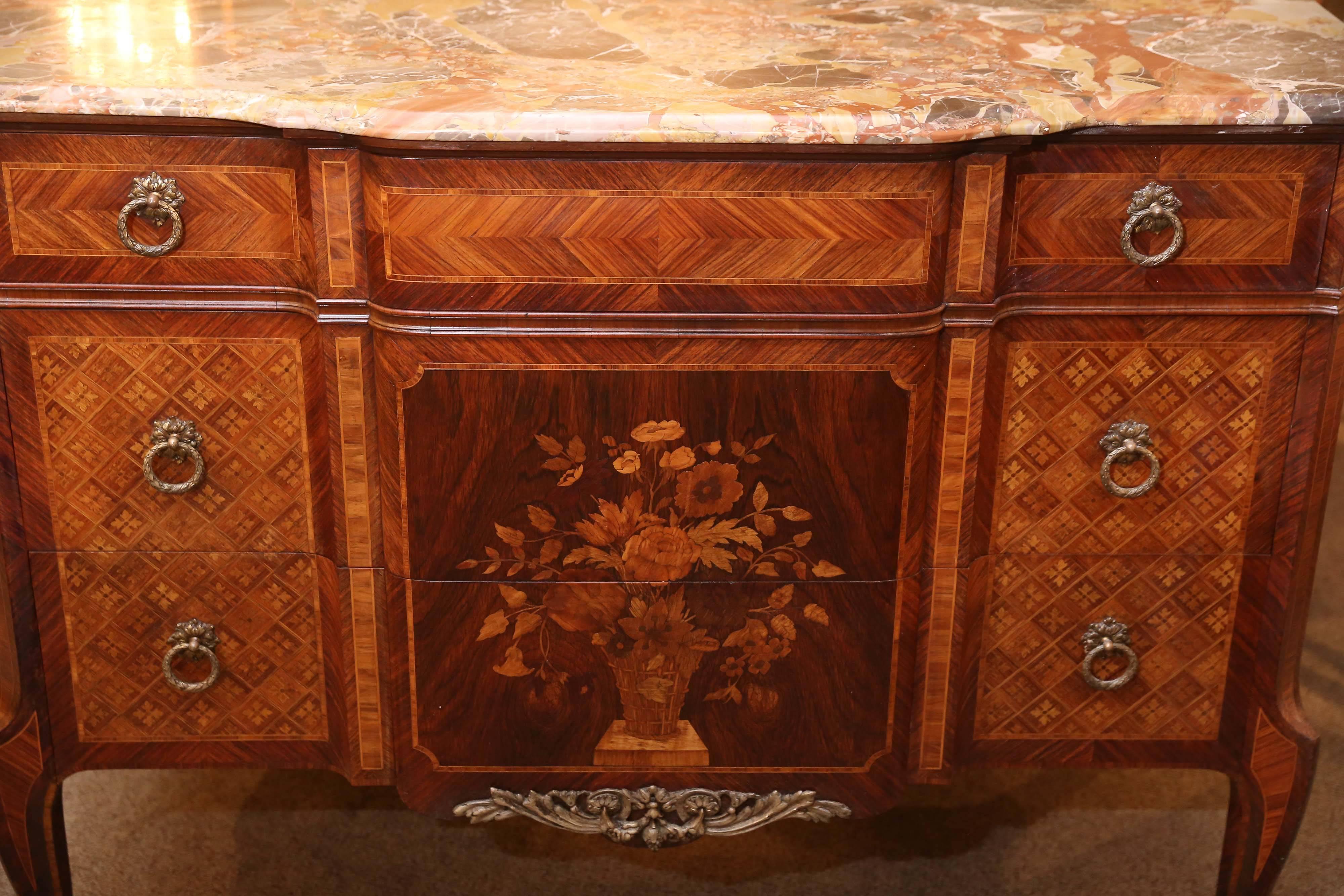 French Louis XV Style Marble-Top Marquetry Commode, Late 19th Century In Good Condition In Houston, TX