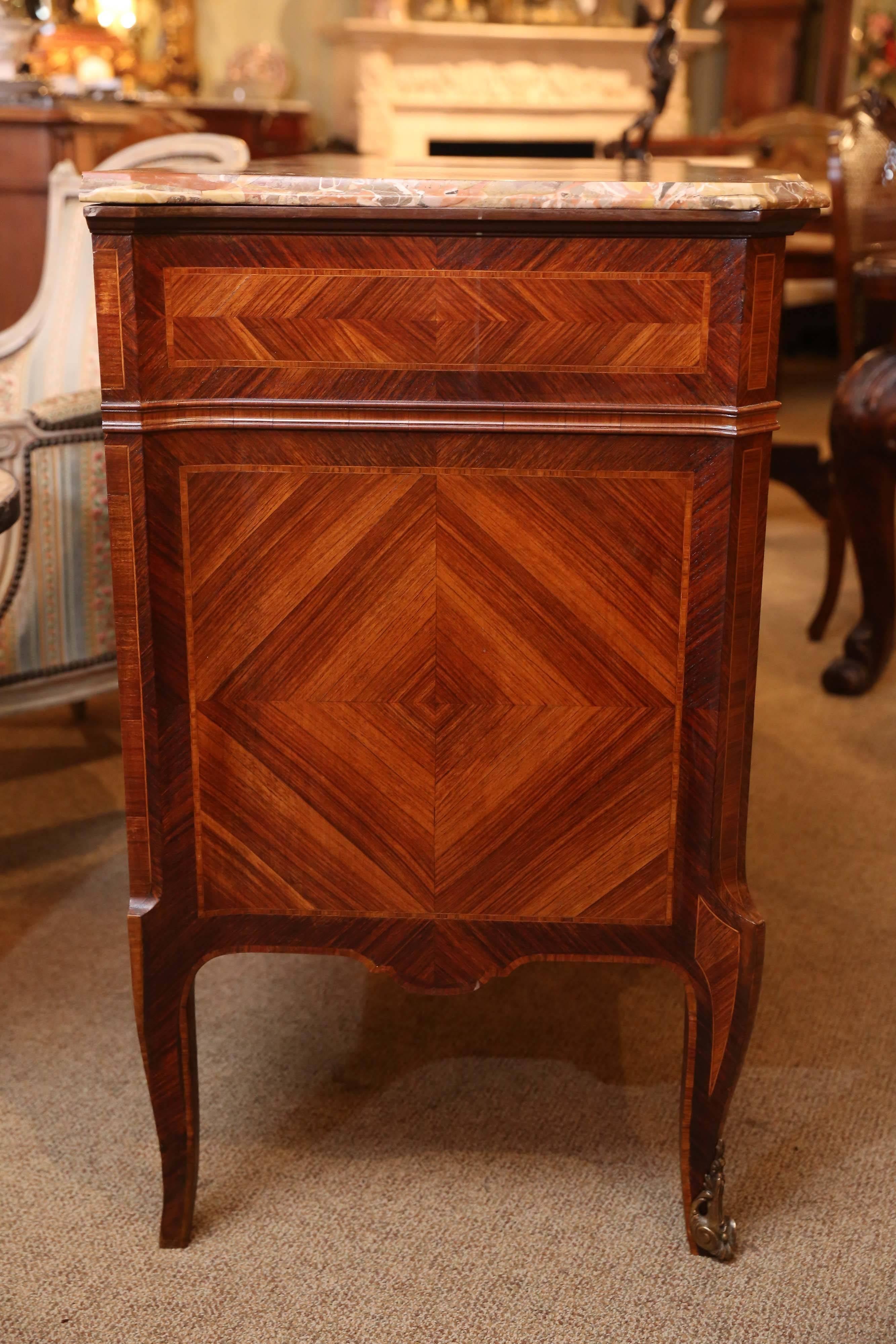 Wood French Louis XV Style Marble-Top Marquetry Commode, Late 19th Century