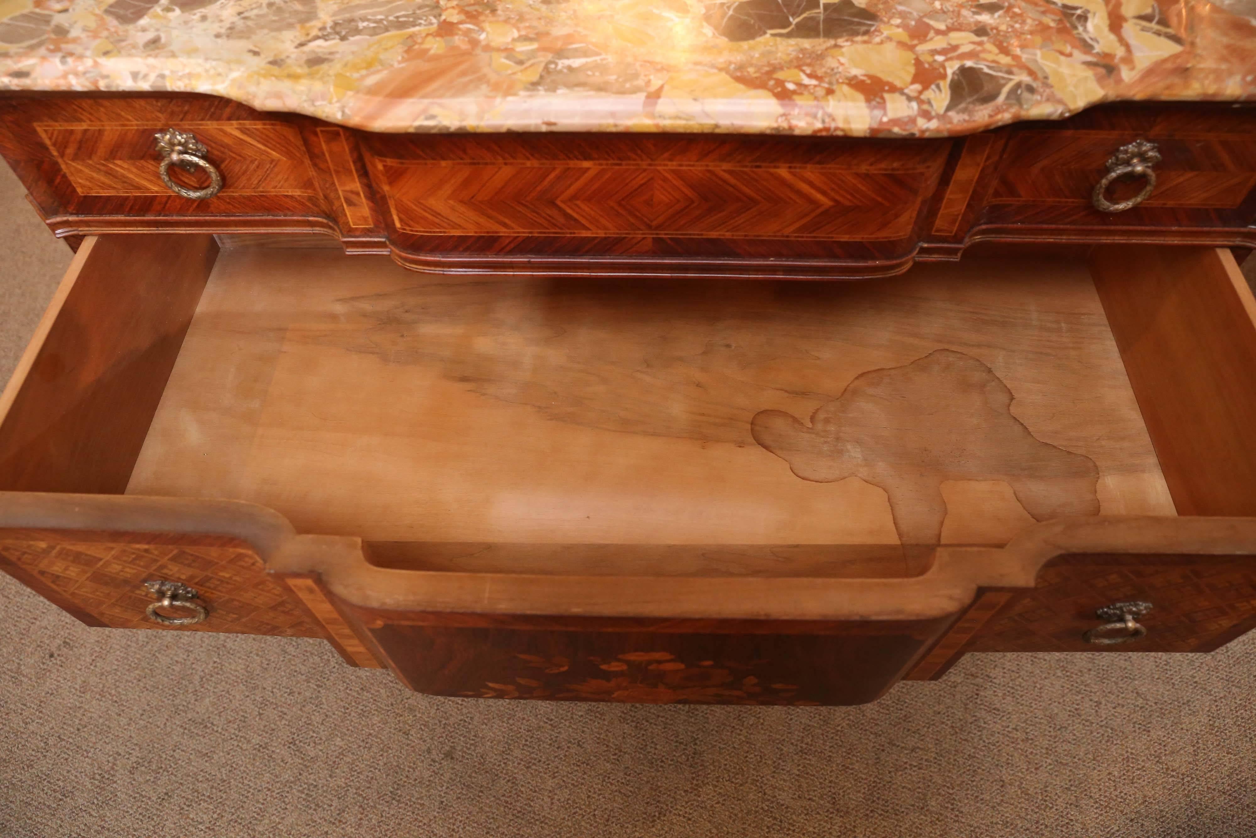 French Louis XV Style Marble-Top Marquetry Commode, Late 19th Century 2