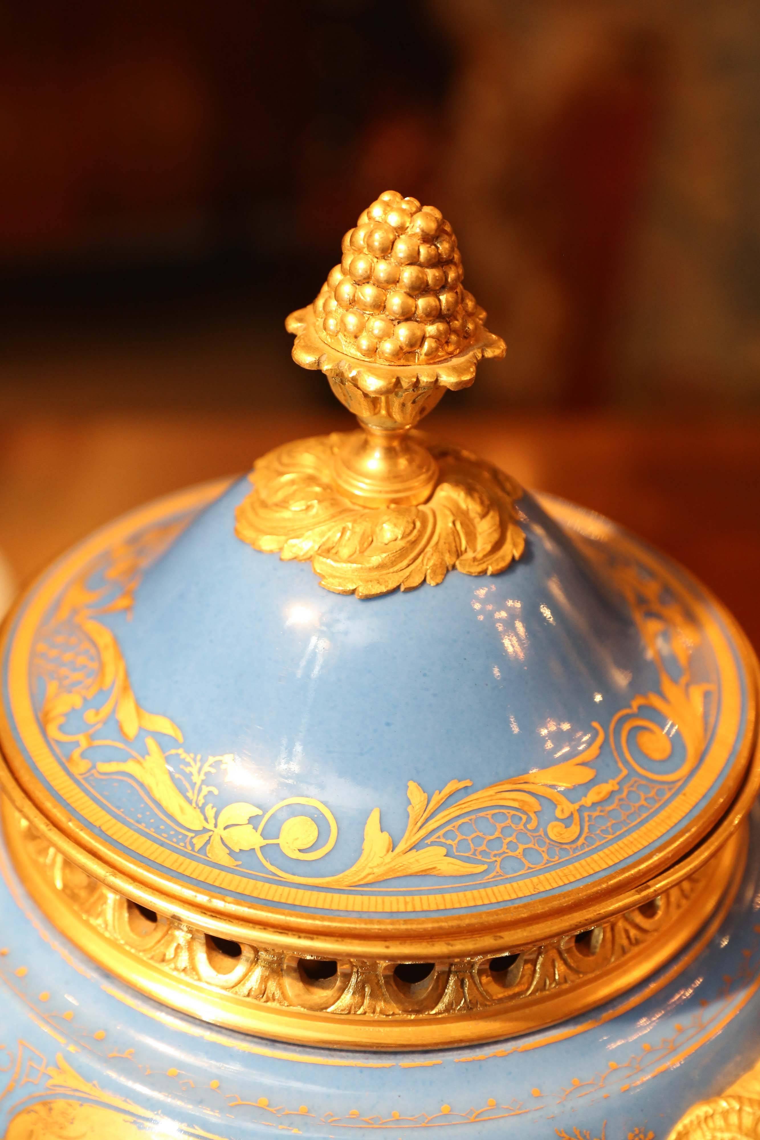 Sèvres Porcelain Parfoams in Celeste Blue with Bronze Doré Mounts 19th century In Excellent Condition In Houston, TX