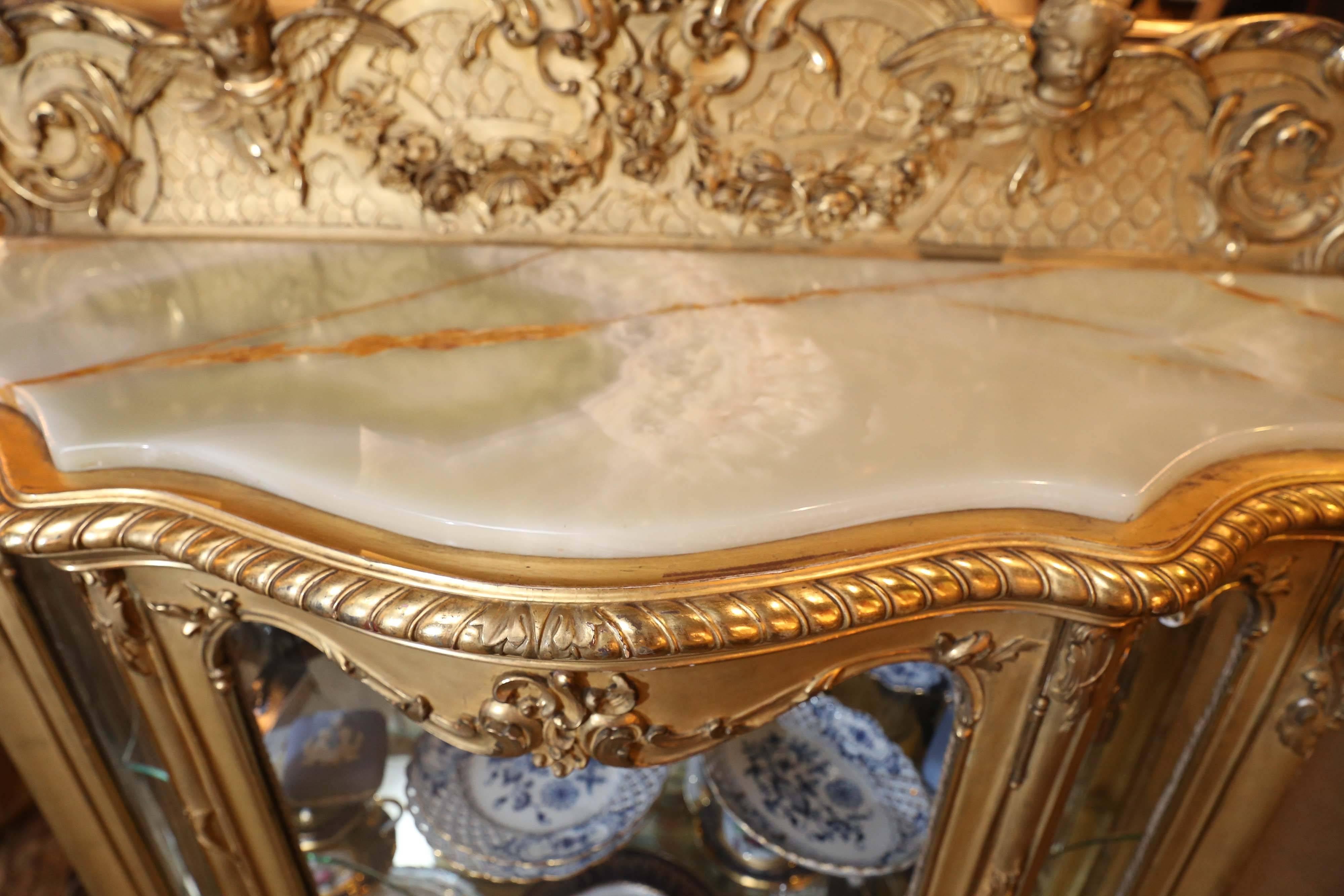 19th Century French Giltwood Vitrine, 19th C. louis  XV Style with Alabaster Top, curved side