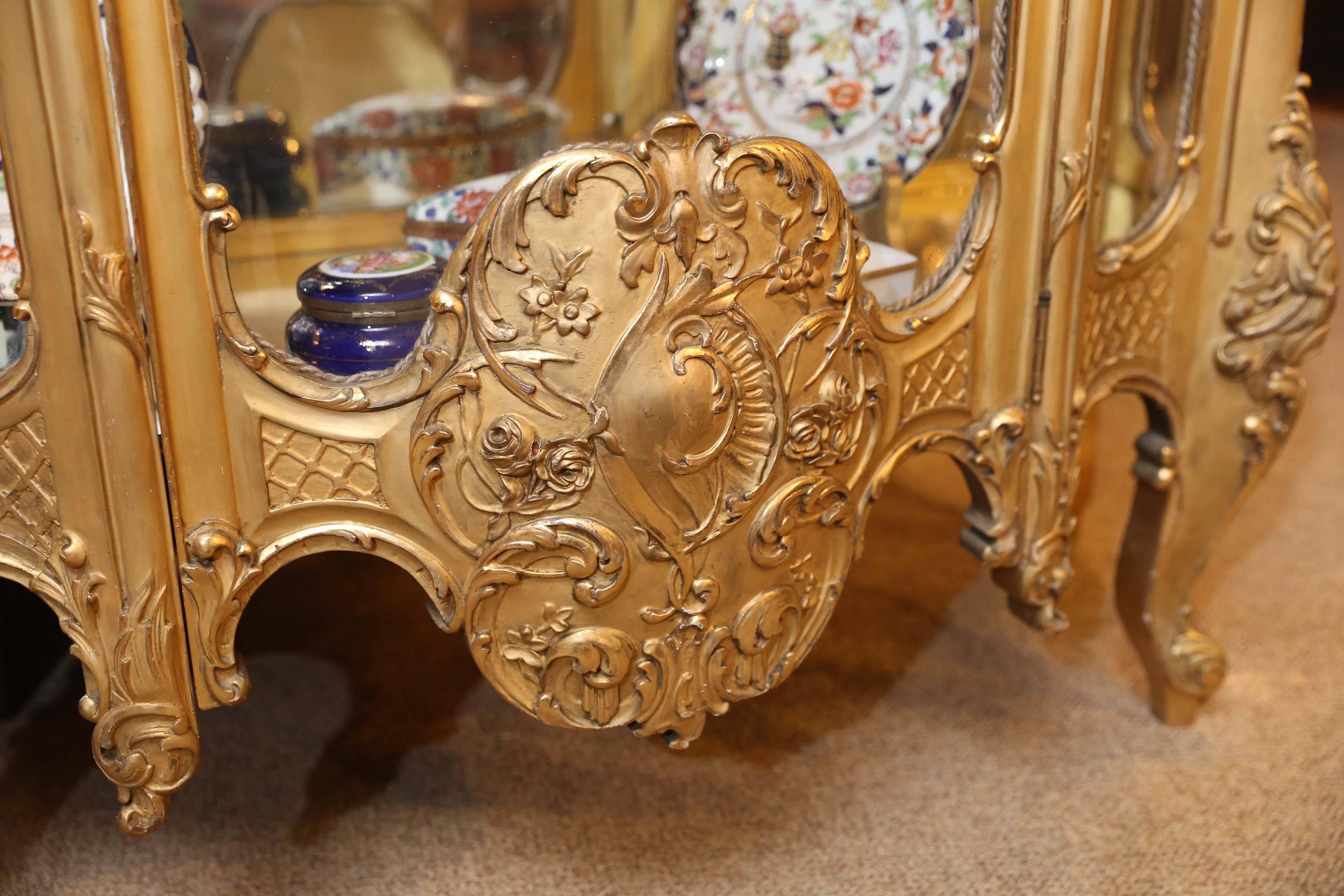 Wood French Giltwood Vitrine, 19th C. louis  XV Style with Alabaster Top, curved side