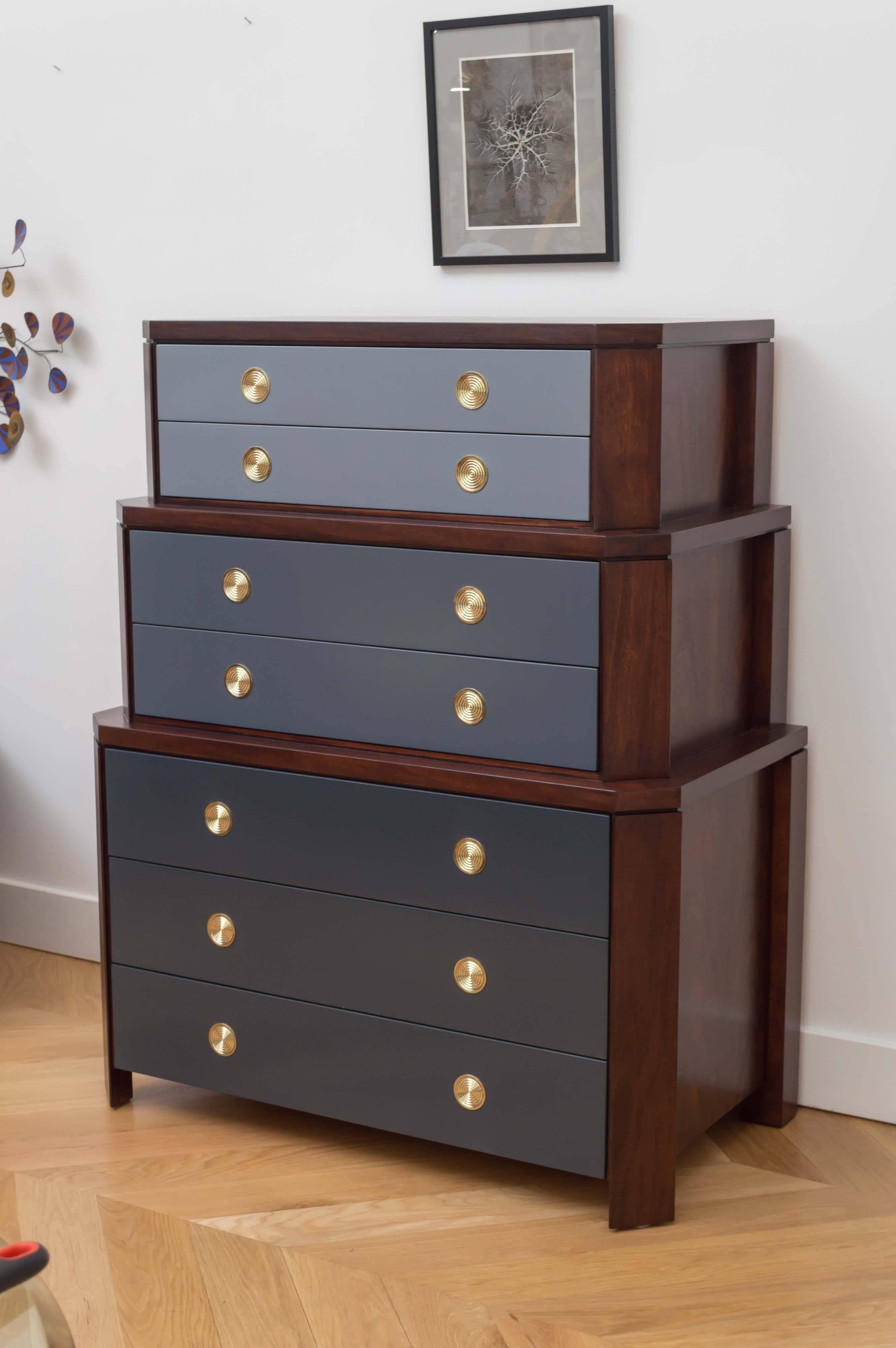 Beautifully lacquered chest by Charles Pfizer for Baker Furniture.
Newly brass-plated hardware.