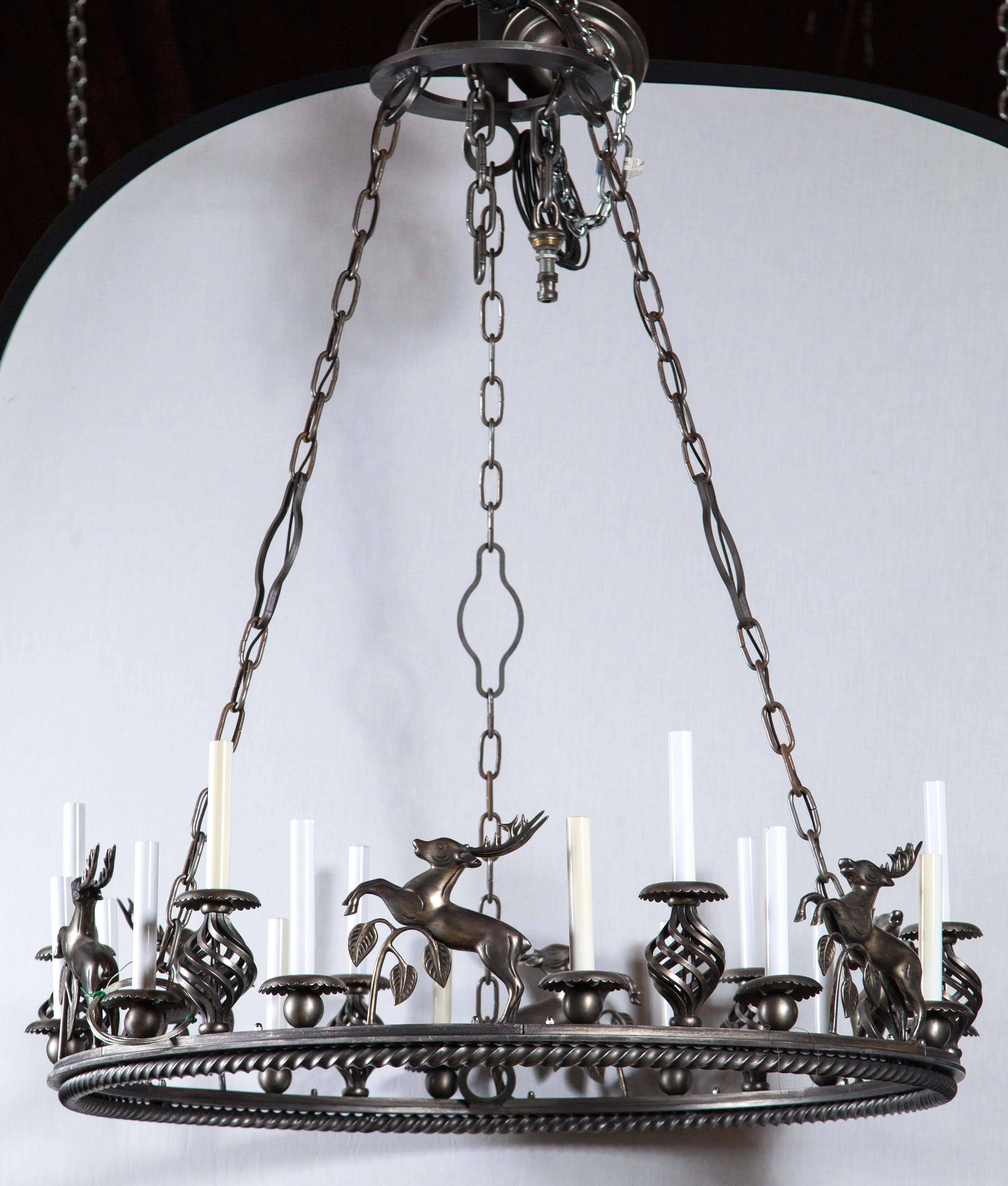 Fantastic 1970s custom-made leaping stag chandelier. New old stock. 18 lights. 
The fixture itself is 12.5