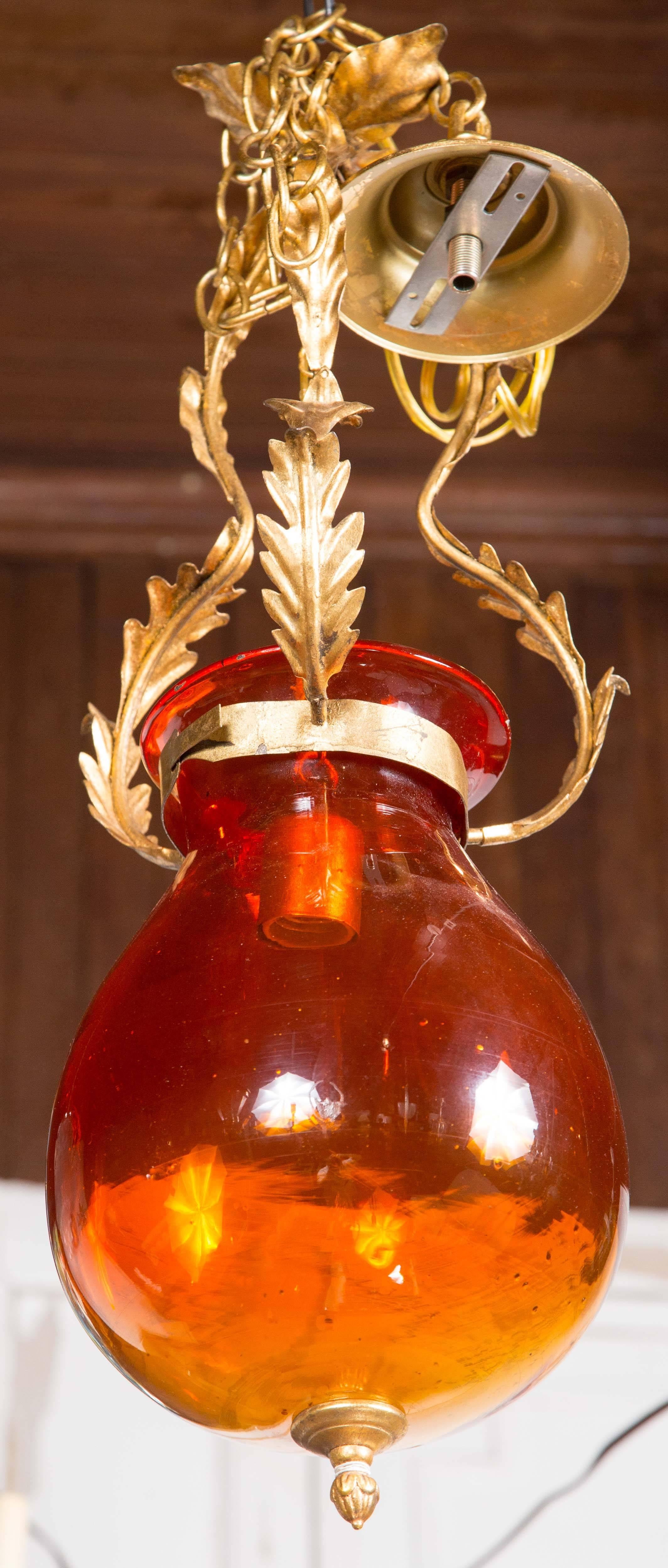 Orange glass bell jar lantern. New old stock. Includes canopy.