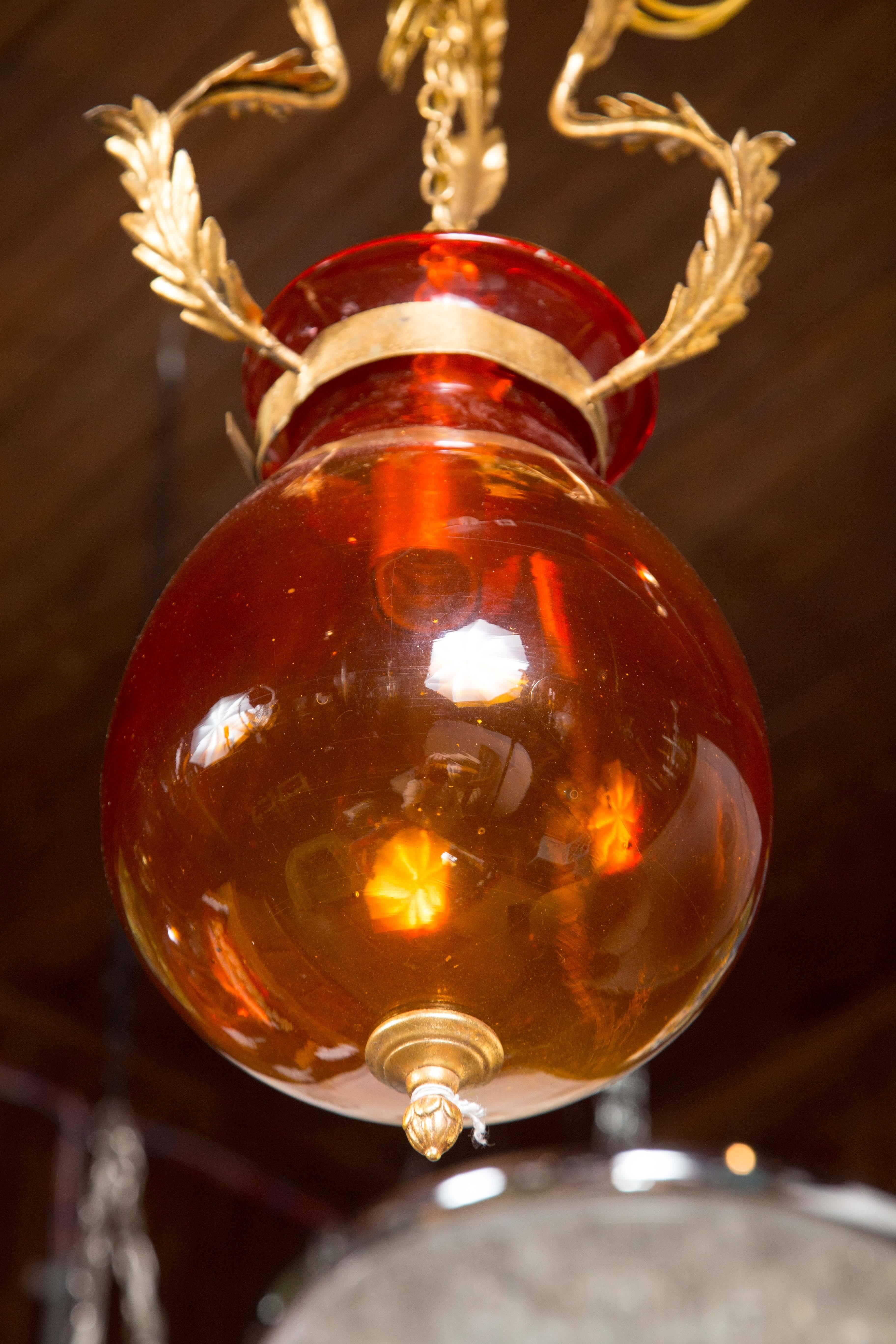 Italian Orange Glass Bell Jar Lantern In Excellent Condition For Sale In Stamford, CT