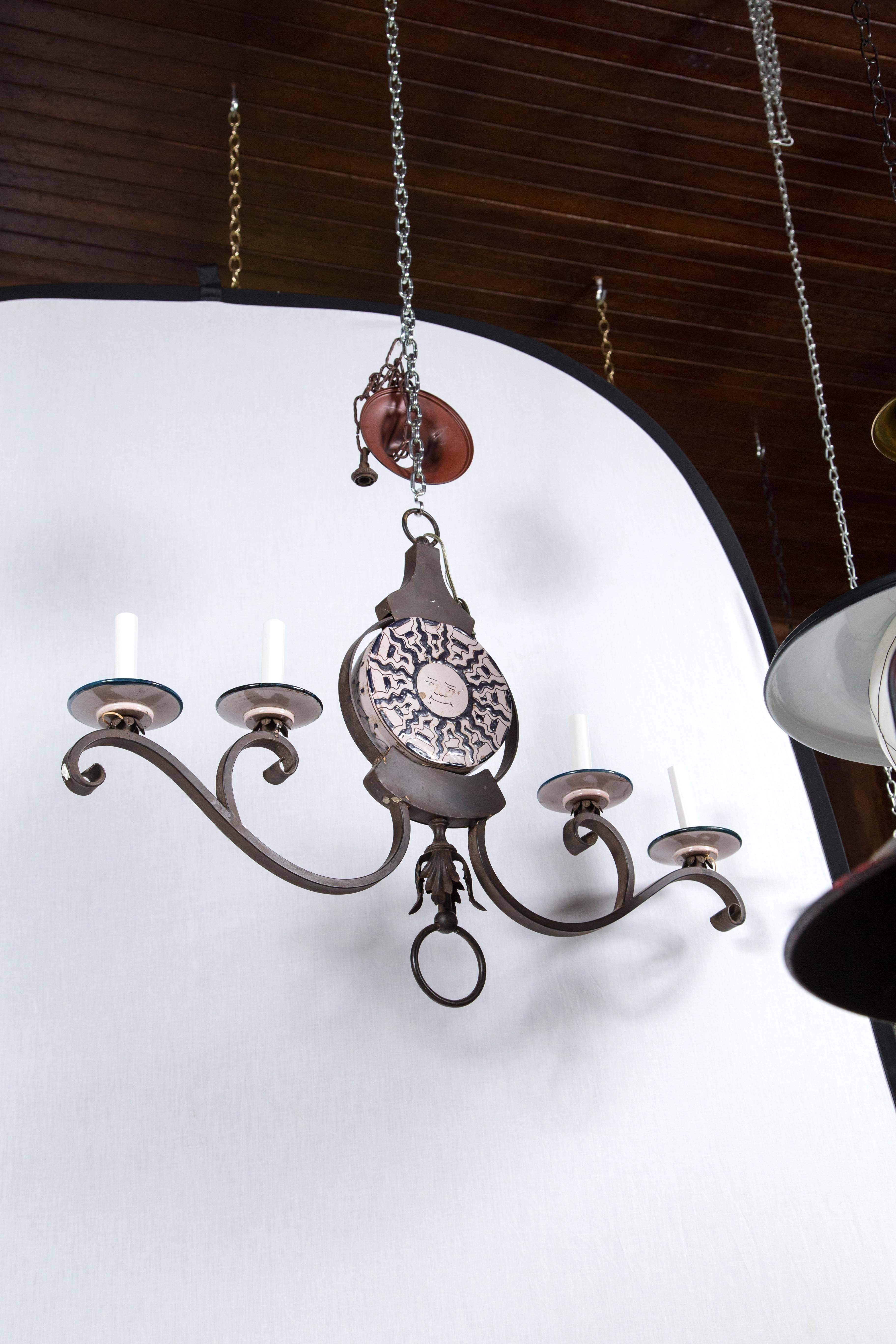 1970s Wrought Iron and Ceramic Chandelier In Excellent Condition For Sale In Stamford, CT