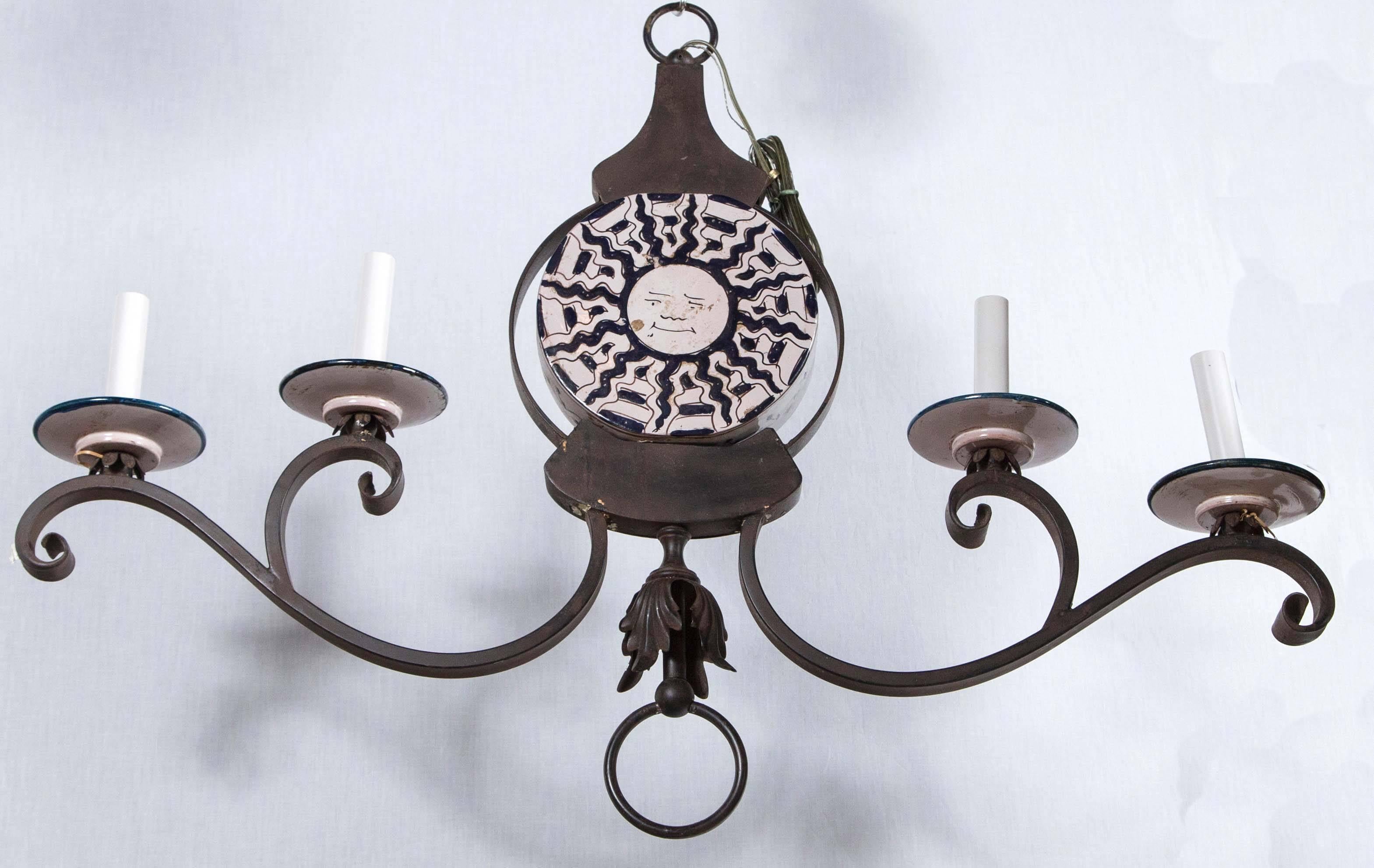 Late 20th Century 1970s Wrought Iron and Ceramic Chandelier For Sale
