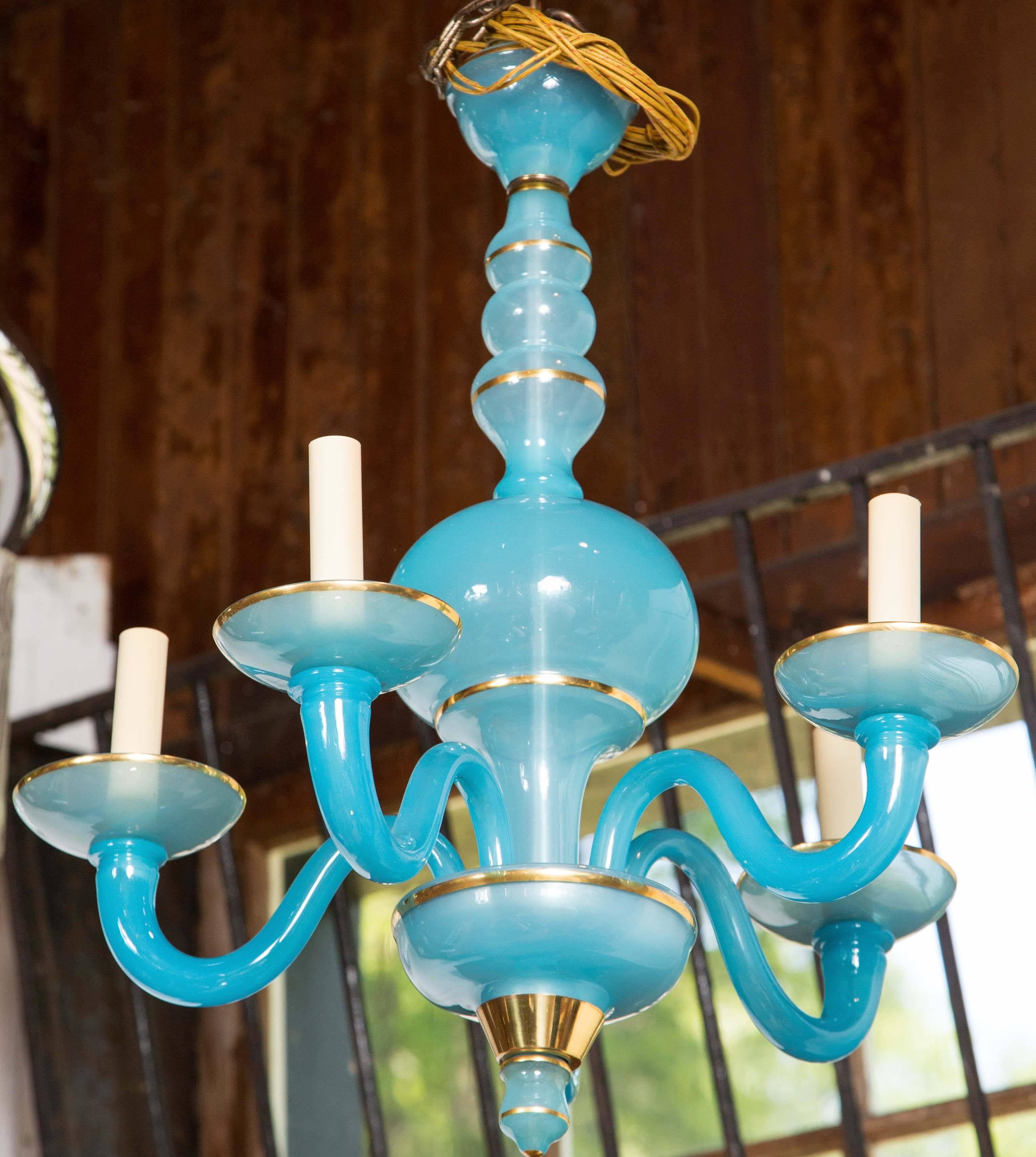 Turquoise blue opaline five-arm chandelier. New old stock.