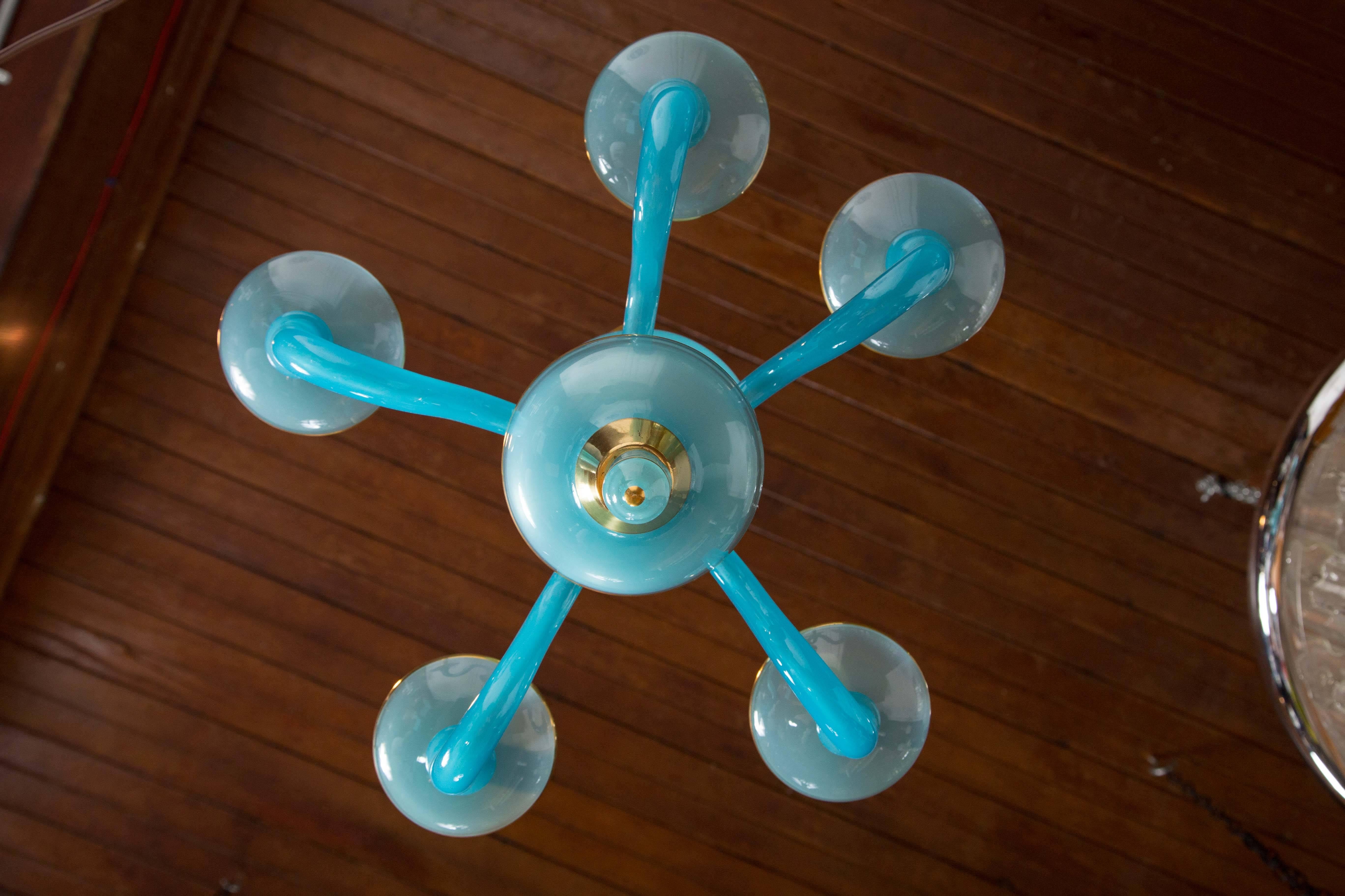 Turquoise Blue Opaline Chandelier In Excellent Condition In Stamford, CT