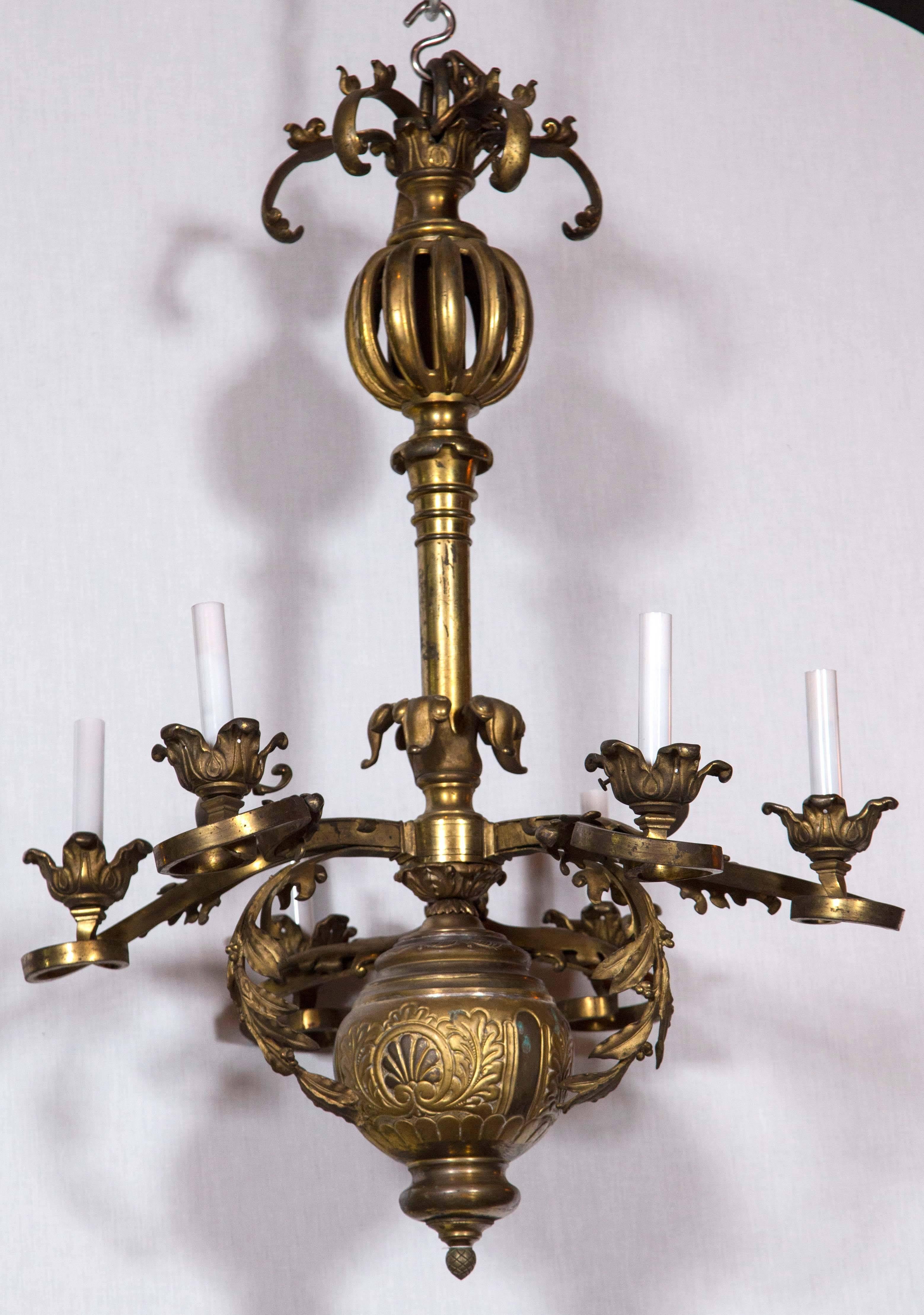 19th century brass chandelier. Six lights, very dramatic.