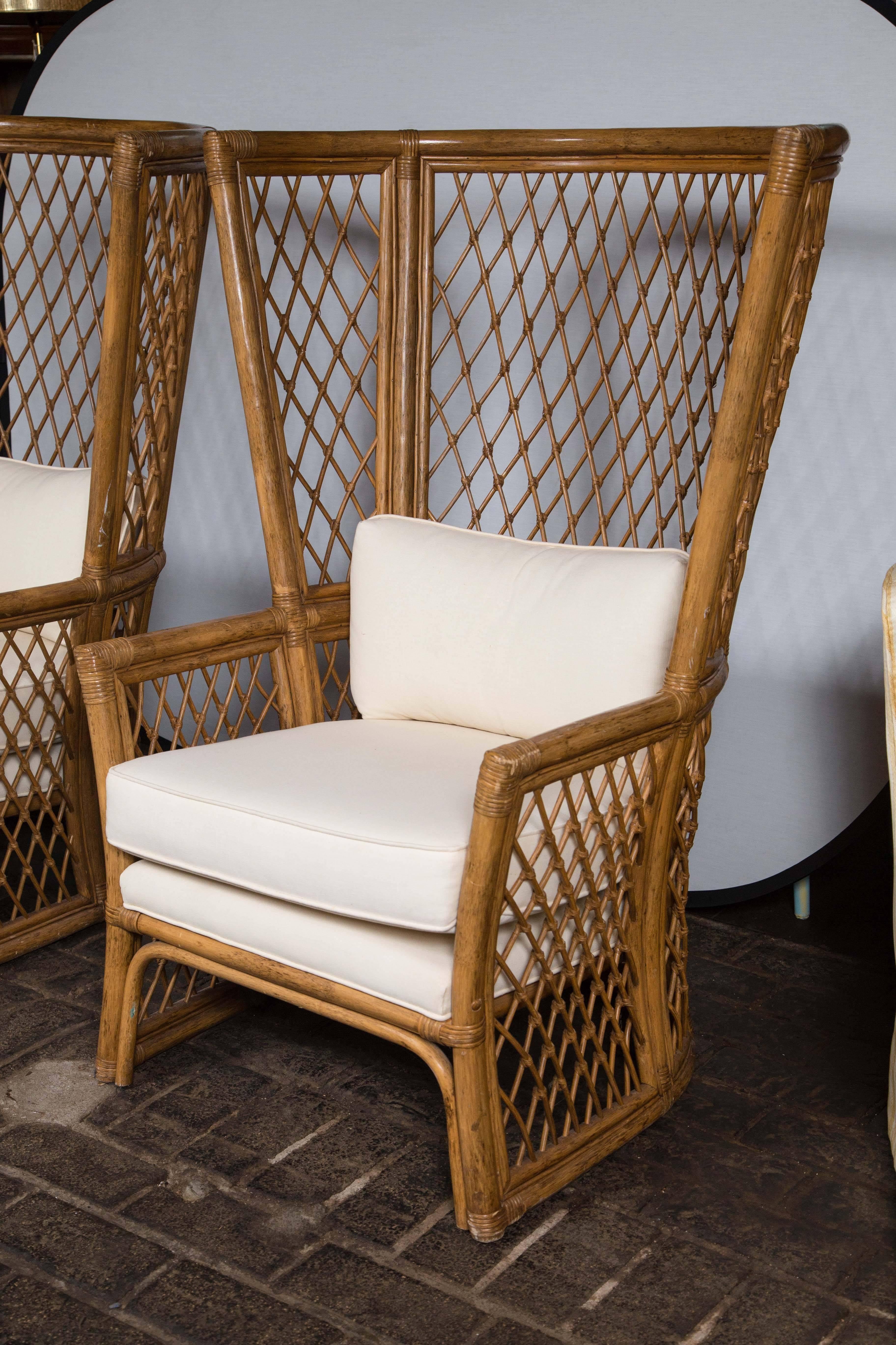 Asian Pair High Back Bamboo Chairs with Ottomans