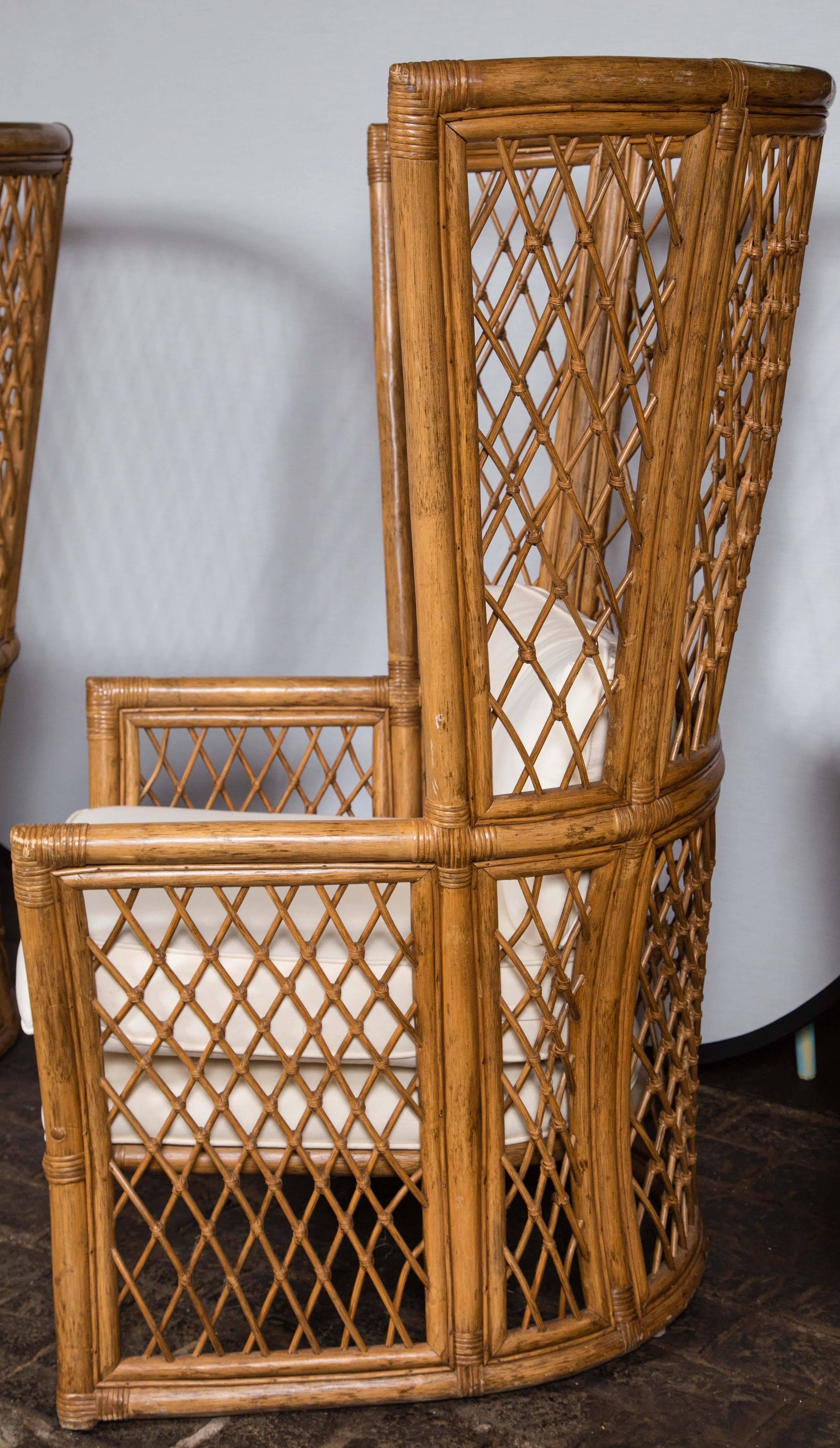 Pair High Back Bamboo Chairs with Ottomans In Excellent Condition In Stamford, CT
