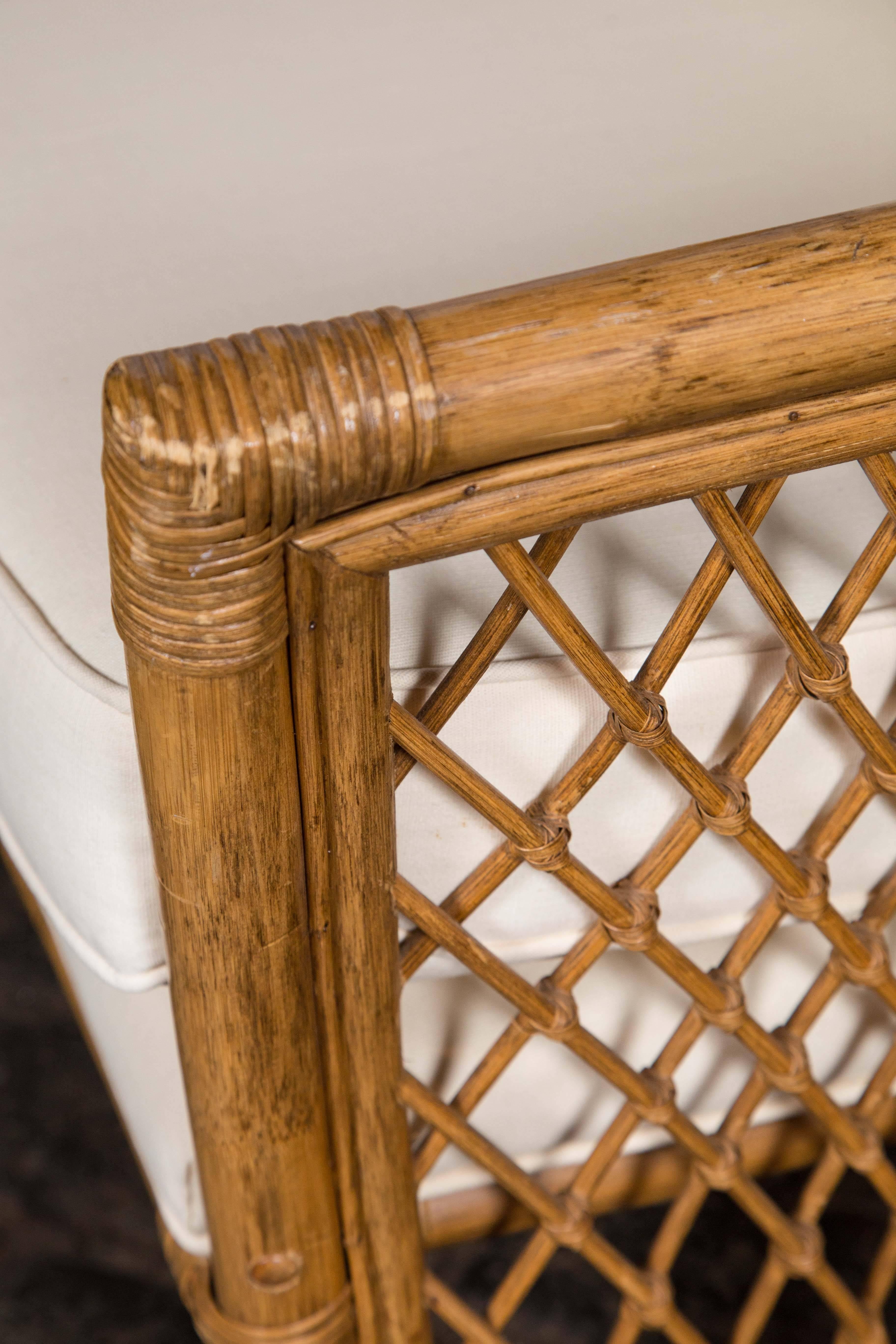 Late 20th Century Pair High Back Bamboo Chairs with Ottomans