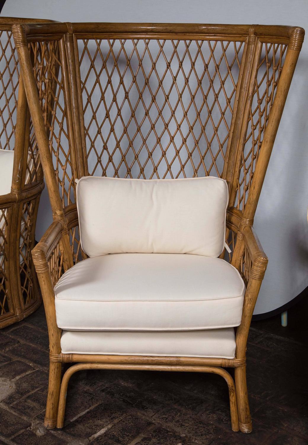 Pair High Back Bamboo Chairs with Ottomans For Sale at 1stdibs