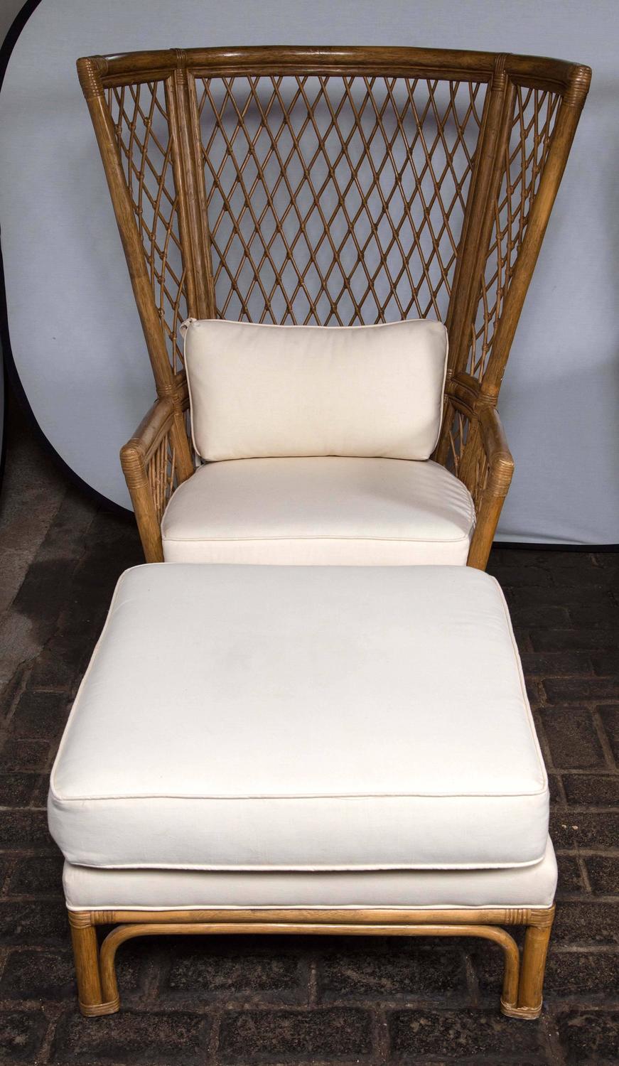 Pair High Back Bamboo Chairs with Ottomans For Sale at 1stdibs