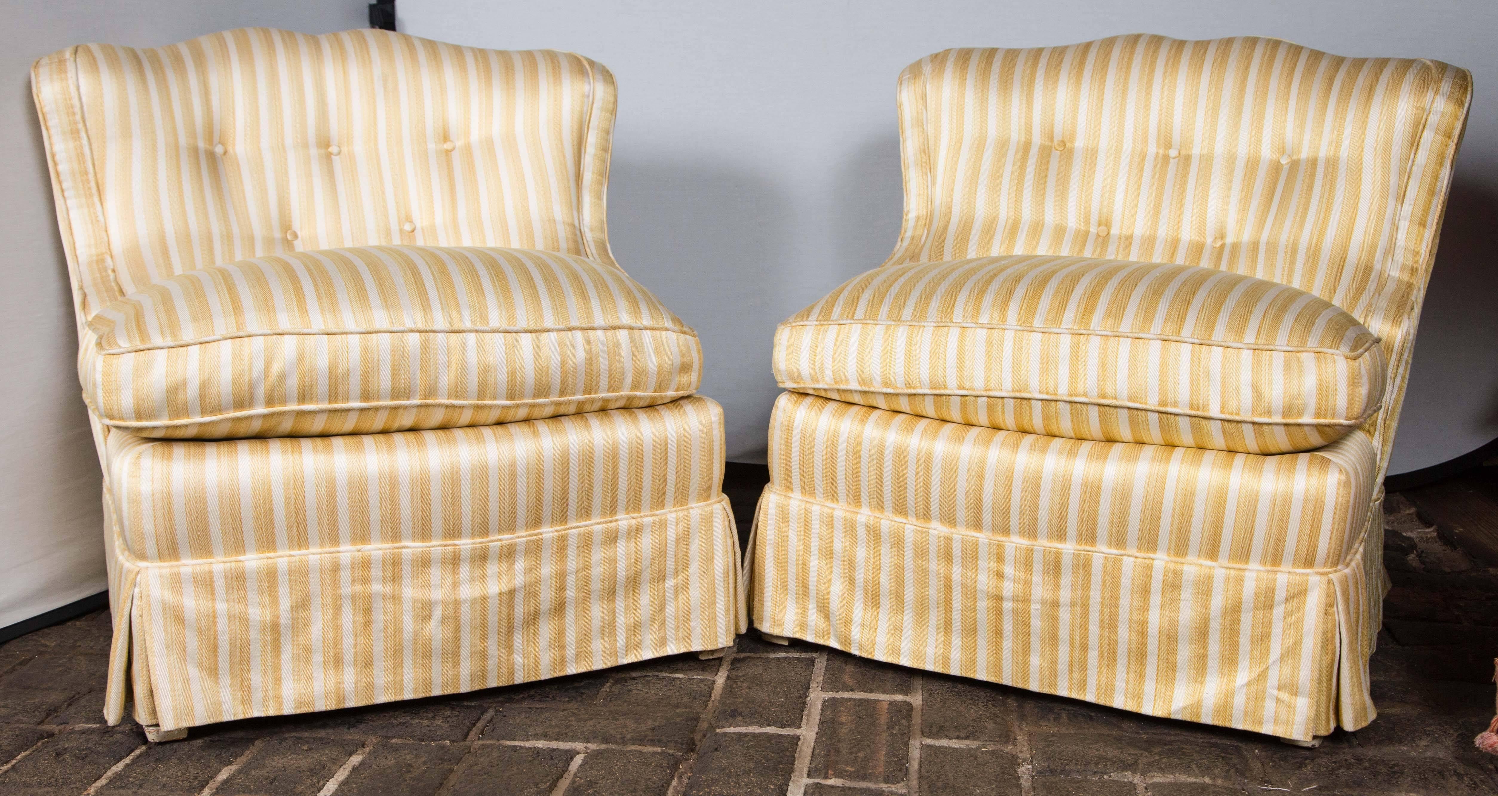 Glamorous and comfortable pair of slipper chairs. Seat width is 26