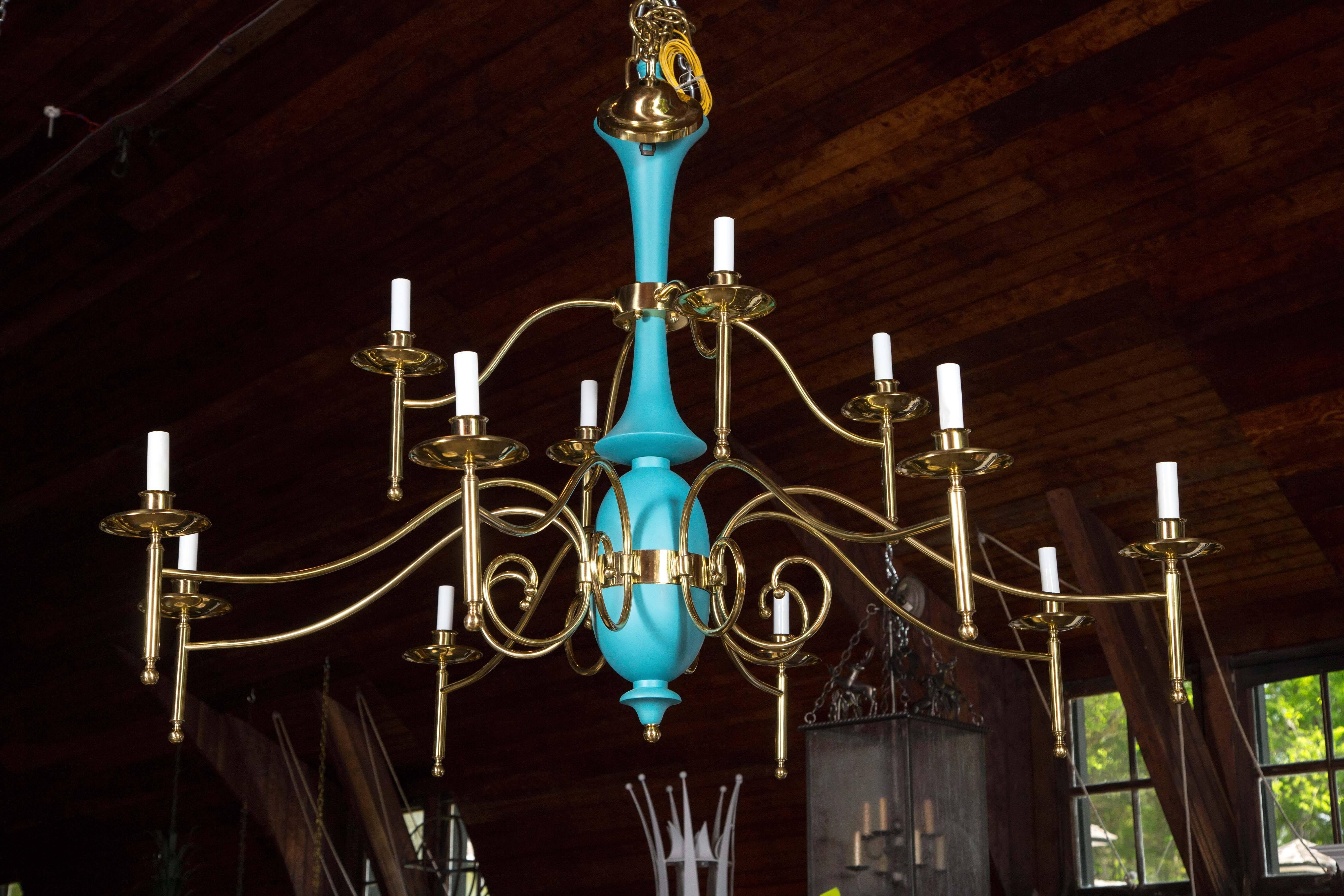 Large department store chandelier, new -old 1970s stock. Two available. Brass and wood, Robin's Egg Blue. 12 lights.