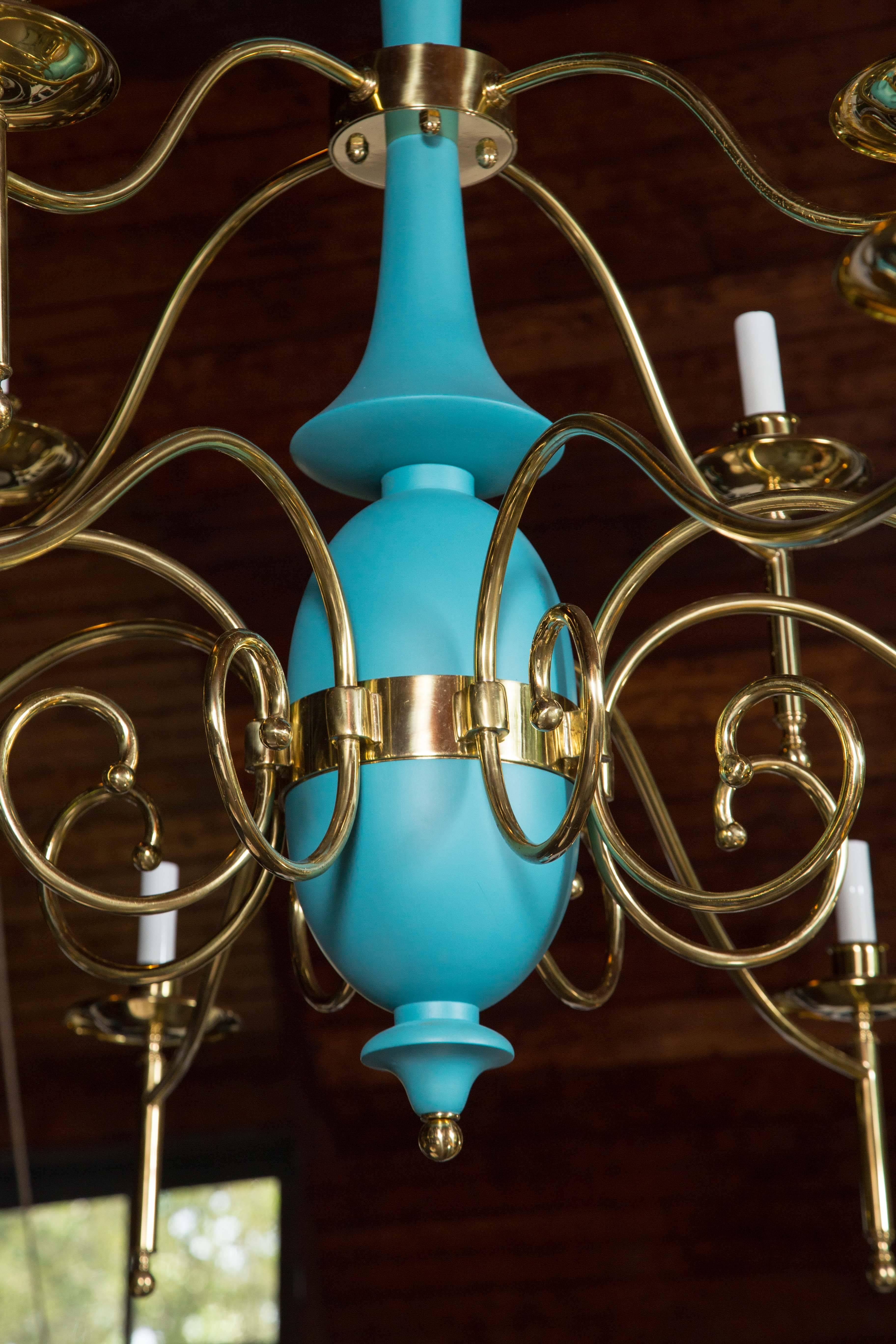 American Large Department Store Chandelier, Robin's Egg Blue and Brass For Sale