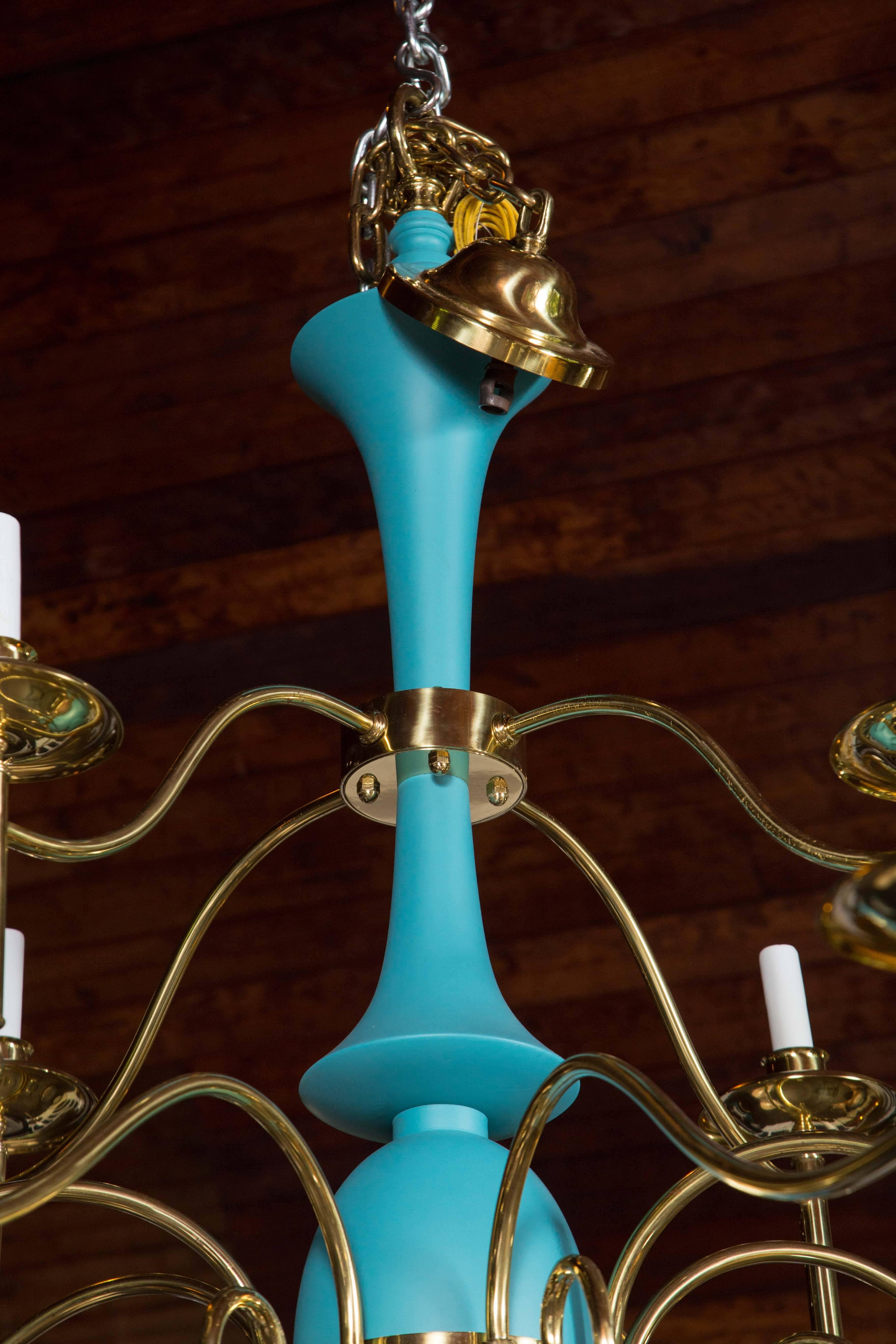 Large Department Store Chandelier, Robin's Egg Blue and Brass In Excellent Condition For Sale In Stamford, CT